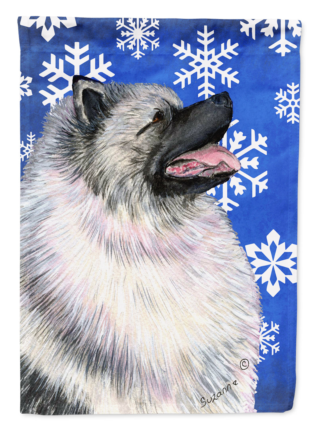 Keeshond Winter Snowflakes Holiday Flag Garden Size.