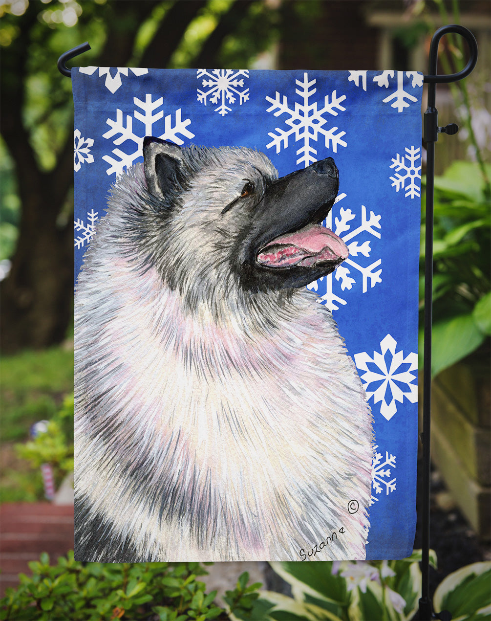 Keeshond Winter Snowflakes Holiday Flag Garden Size.