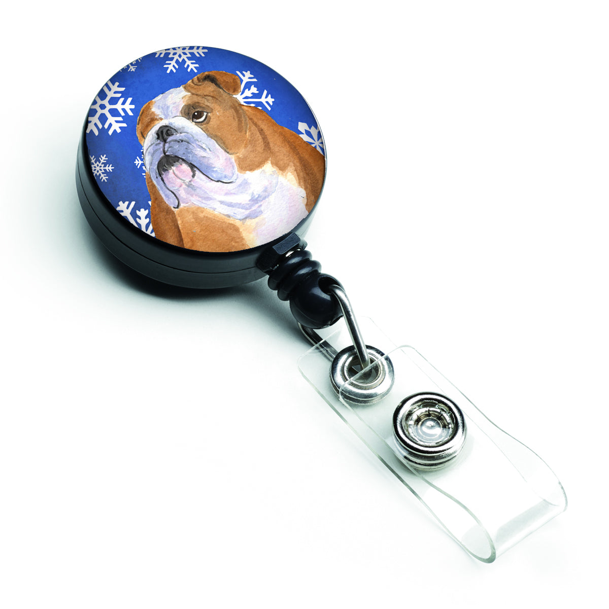 Bulldog English Winter Snowflakes Holiday Retractable Badge Reel SS4629BR  the-store.com.