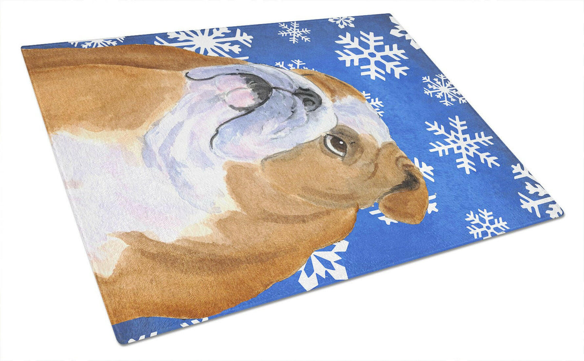 Bulldog English Winter Snowflakes Holiday Glass Cutting Board Large by Caroline&#39;s Treasures