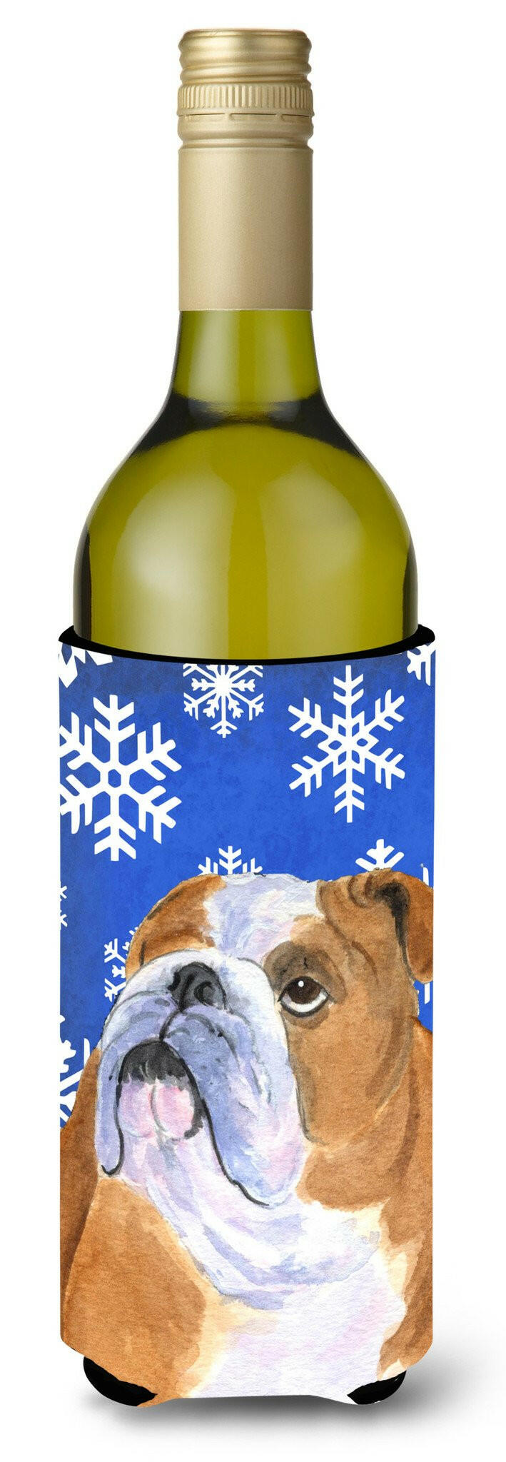 Bulldog English Winter Snowflakes Holiday Wine Bottle Beverage Insulator Beverage Insulator Hugger by Caroline&#39;s Treasures