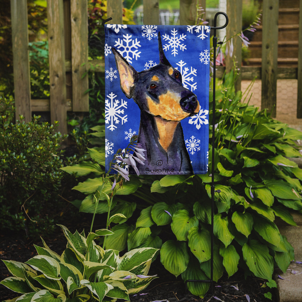 Doberman Winter Snowflakes Holiday Flag Garden Size.