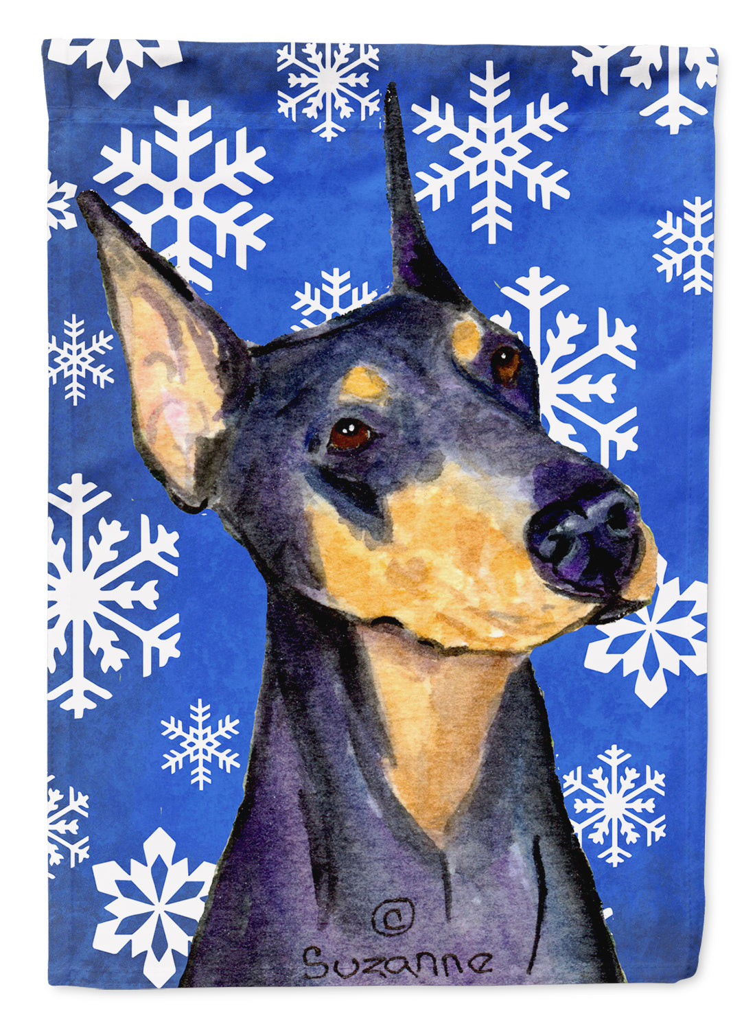 Doberman Winter Snowflakes Holiday Flag Garden Size.