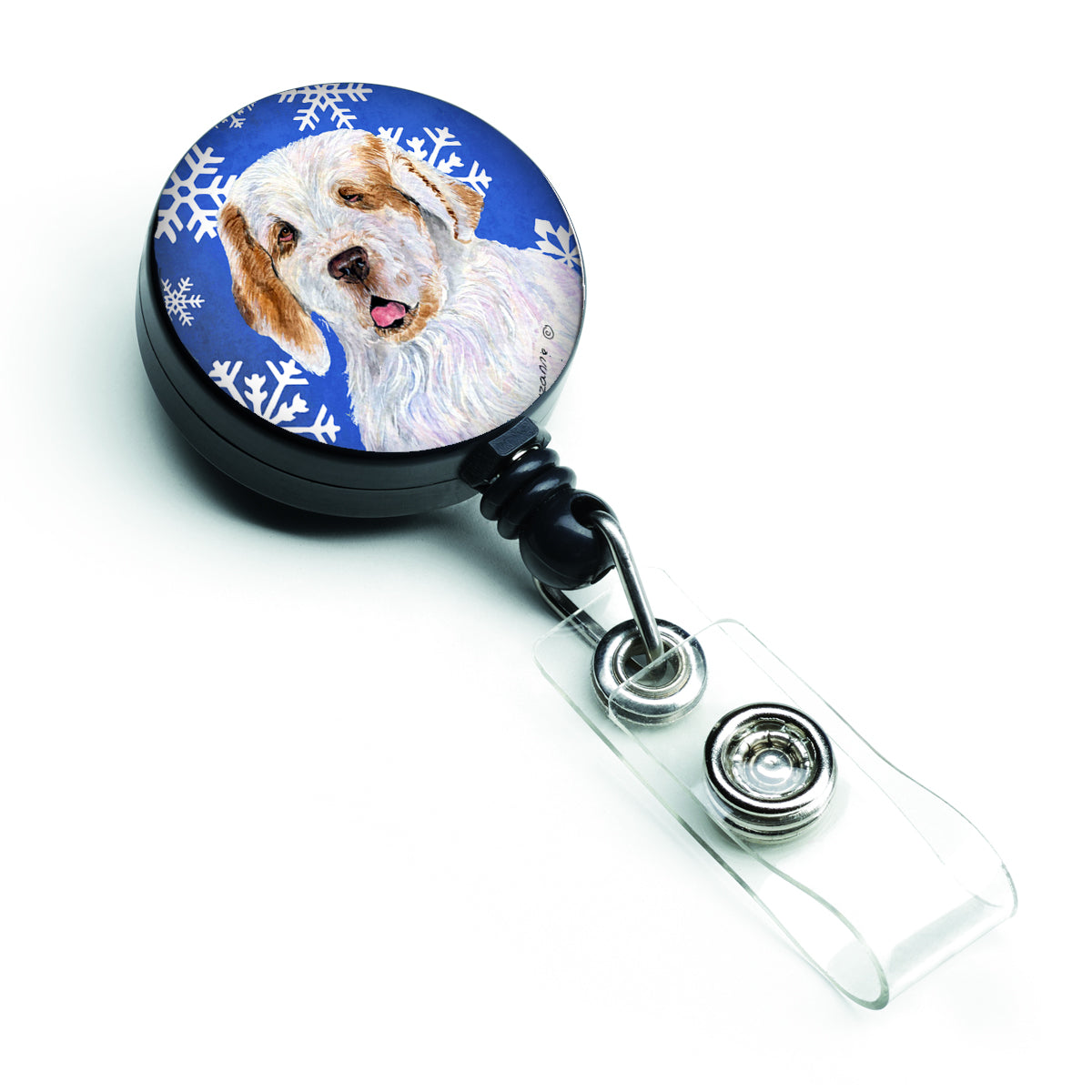 Clumber Spaniel Winter Snowflakes Holiday Retractable Badge Reel SS4638BR  the-store.com.