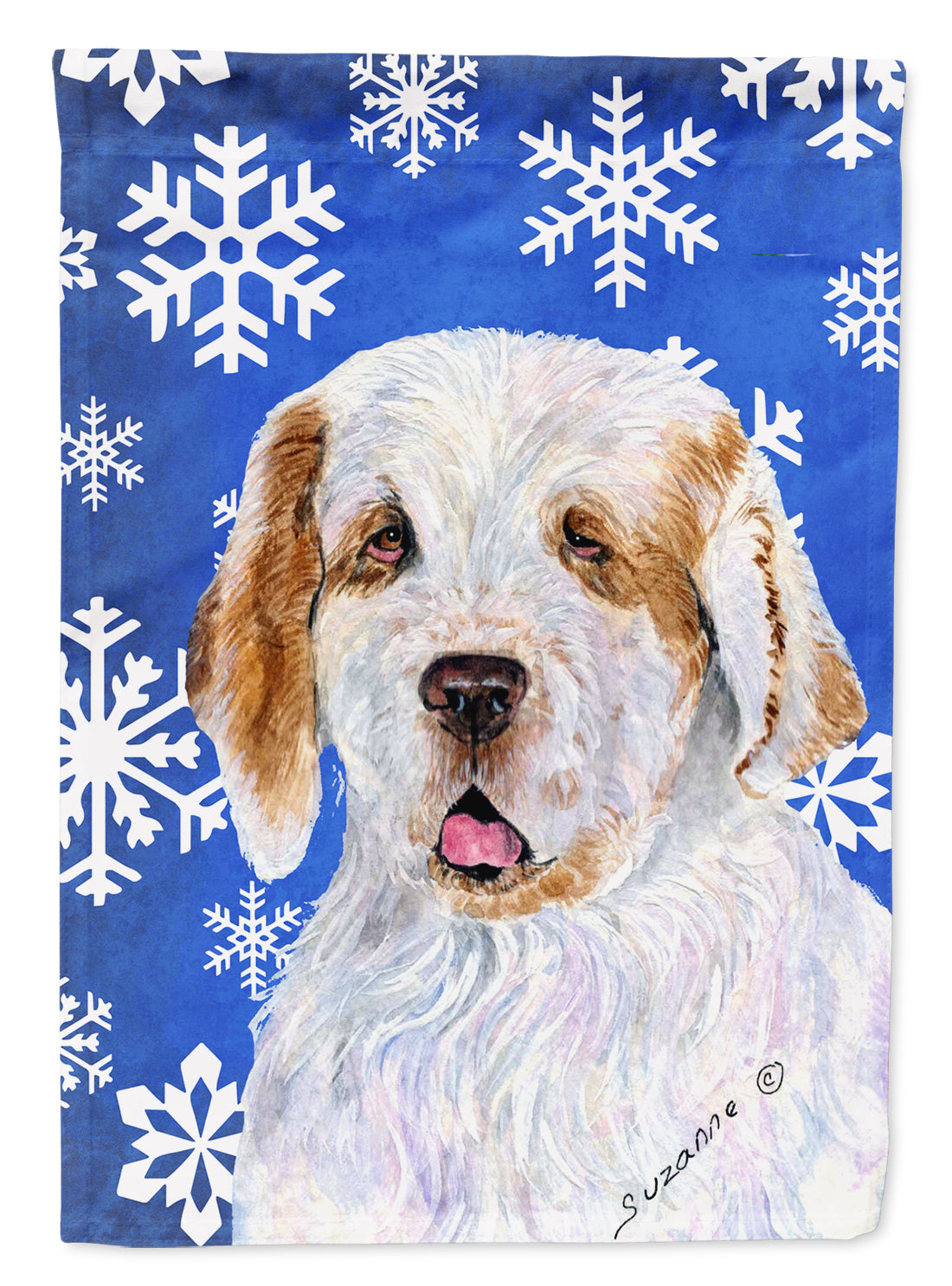 Clumber Spaniel Winter Snowflakes Holiday Flag Canvas House Size  the-store.com.