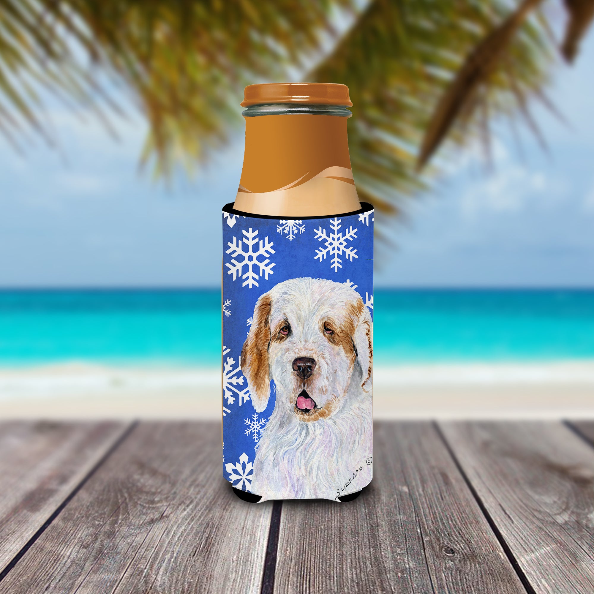 Clumber Spaniel Winter Snowflakes Holiday Ultra Beverage Insulators for slim cans SS4638MUK.