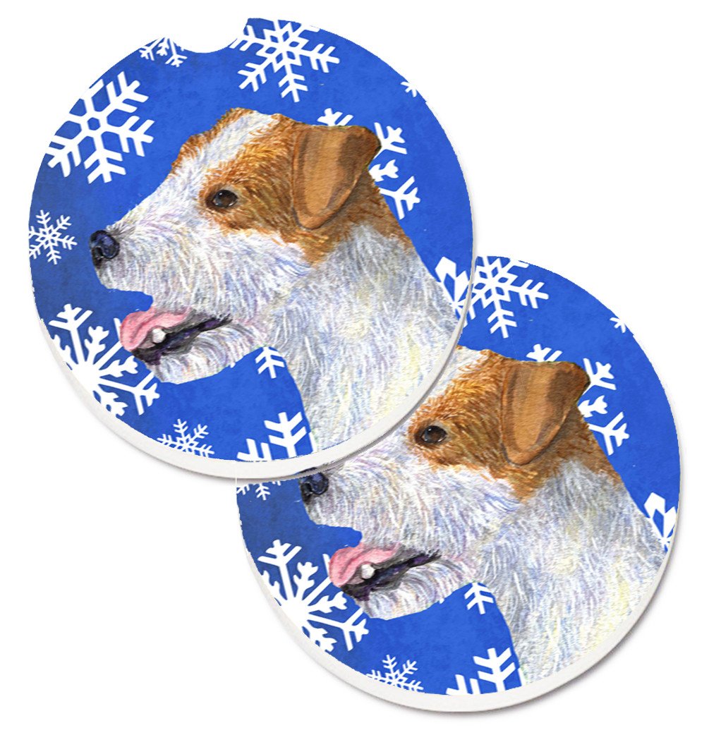 Jack Russell Terrier Winter Snowflakes Holiday Set of 2 Cup Holder Car Coasters SS4642CARC by Caroline's Treasures