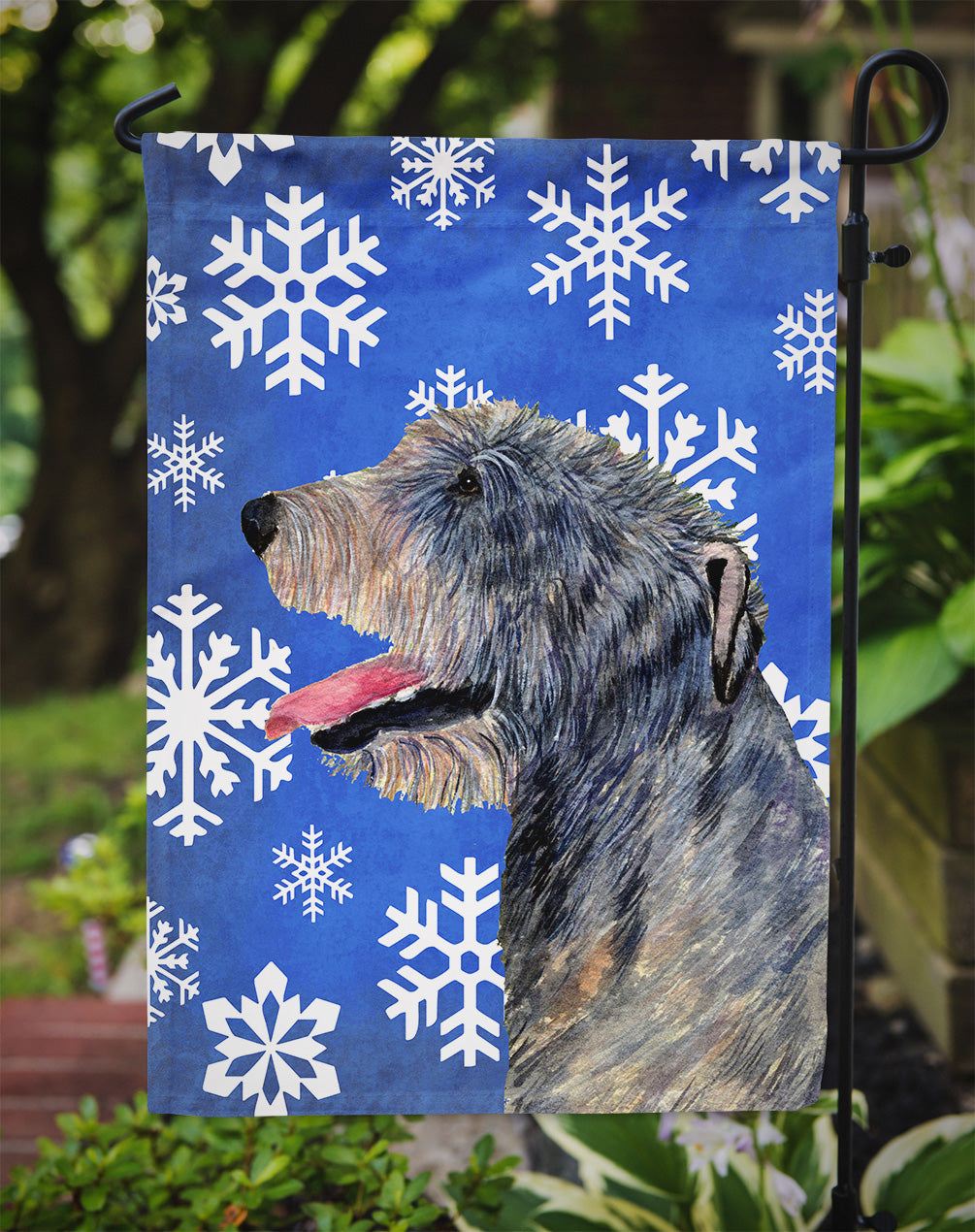 Irish Wolfhound Winter Snowflakes Holiday Flag Garden Size.