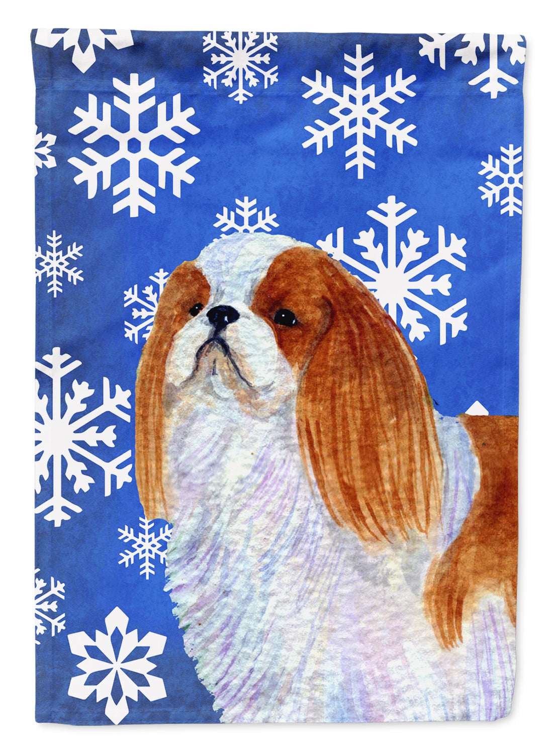 English Toy Spaniel Winter Snowflakes Holiday Flag Canvas House Size  the-store.com.