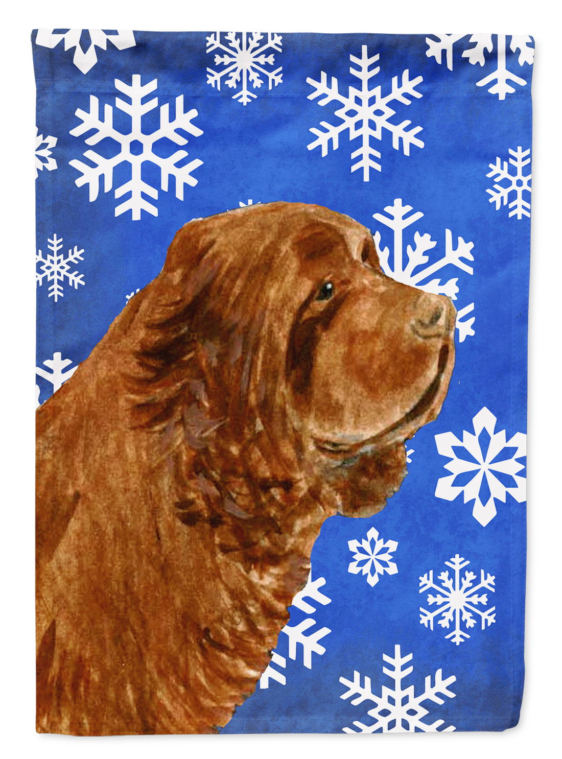 Sussex Spaniel Winter Snowflakes Holiday Flag Garden Size.