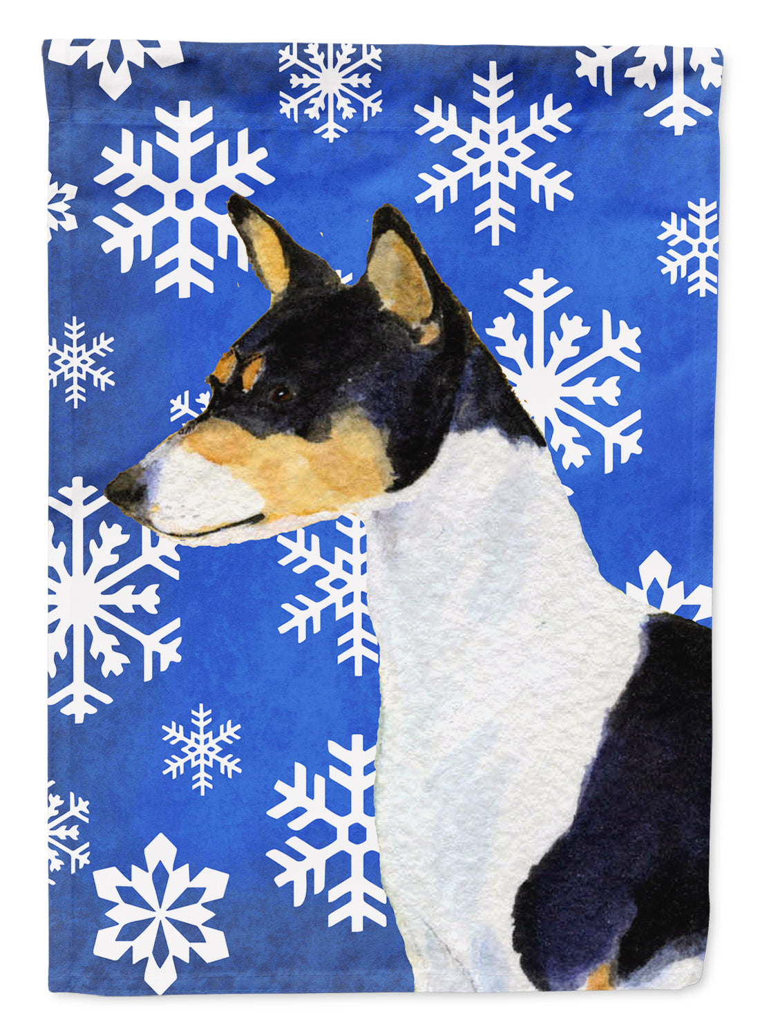 Basenji Winter Snowflakes Holiday Flag Garden Size.