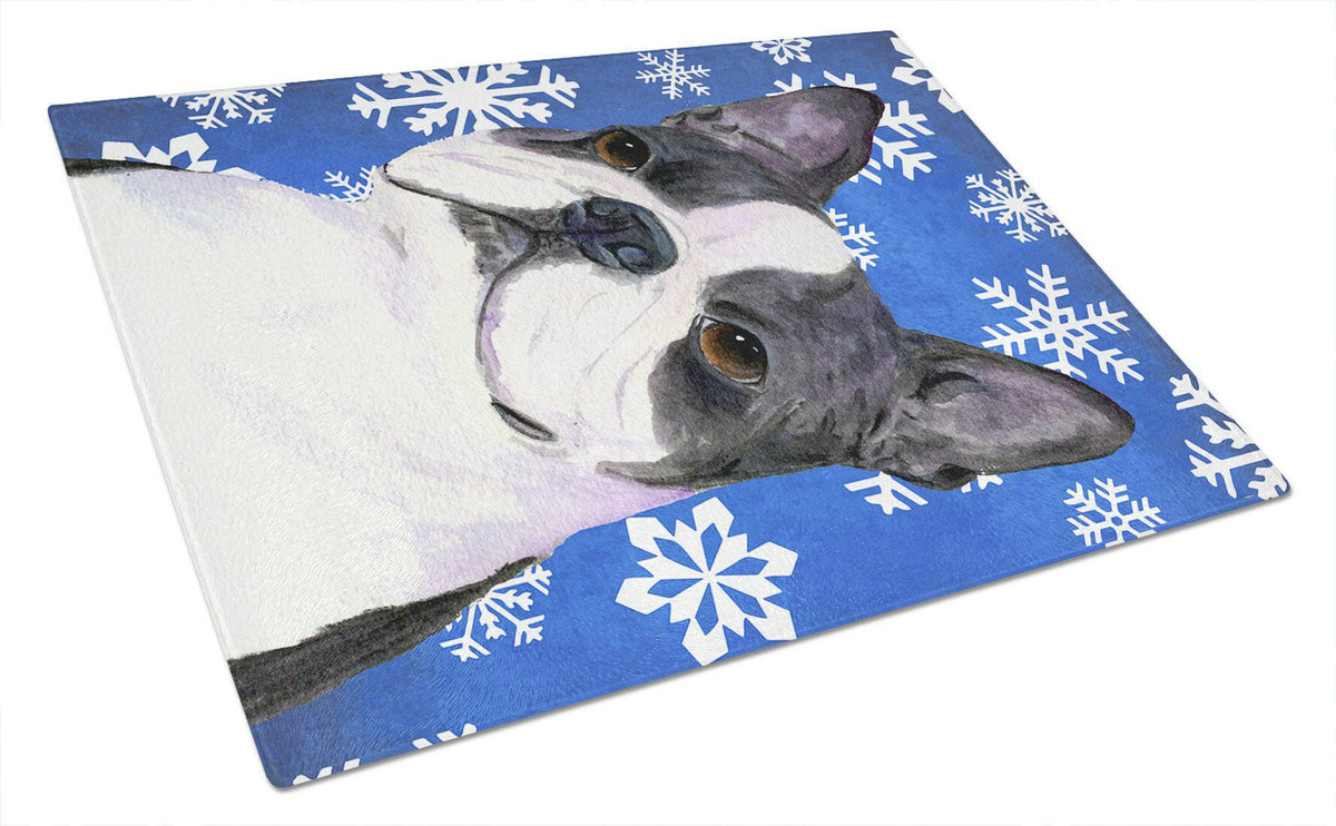 Boston Terrier Winter Snowflakes Holiday Glass Cutting Board Large by Caroline&#39;s Treasures