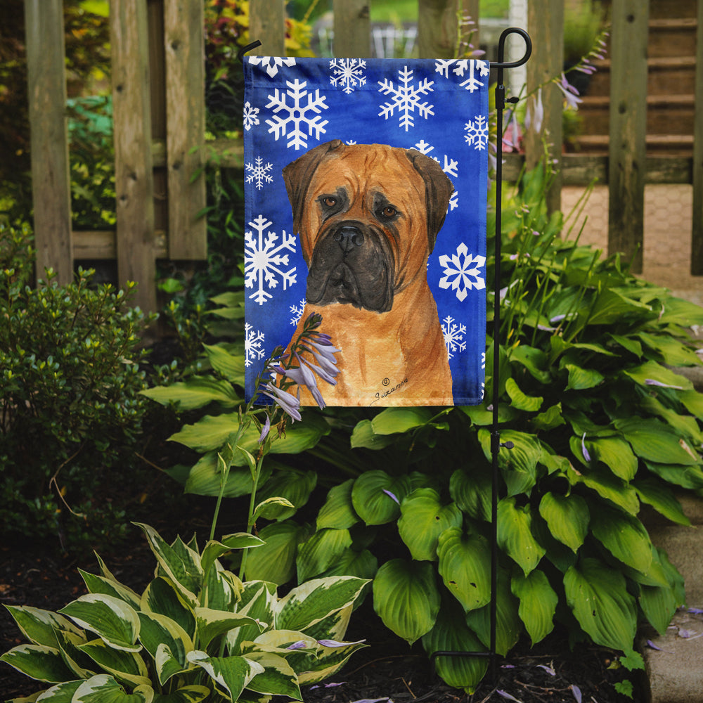 Bullmastiff Winter Snowflakes Holiday Flag Garden Size.