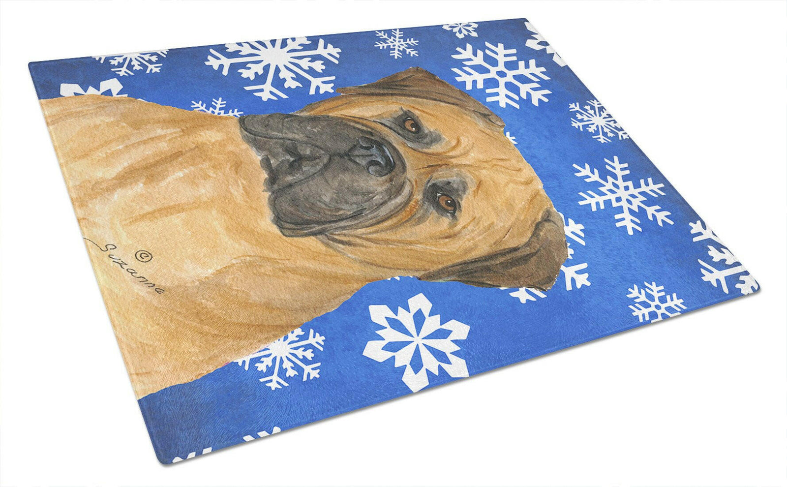 Bullmastiff Winter Snowflakes Holiday Glass Cutting Board Large by Caroline's Treasures