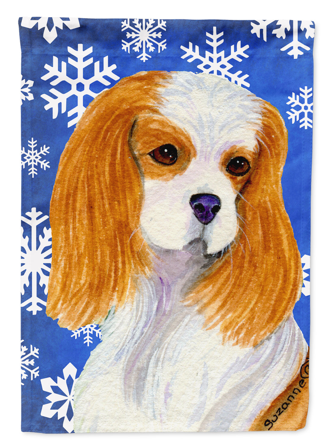 Cavalier Spaniel Winter Snowflakes Holiday Flag Canvas House Size  the-store.com.