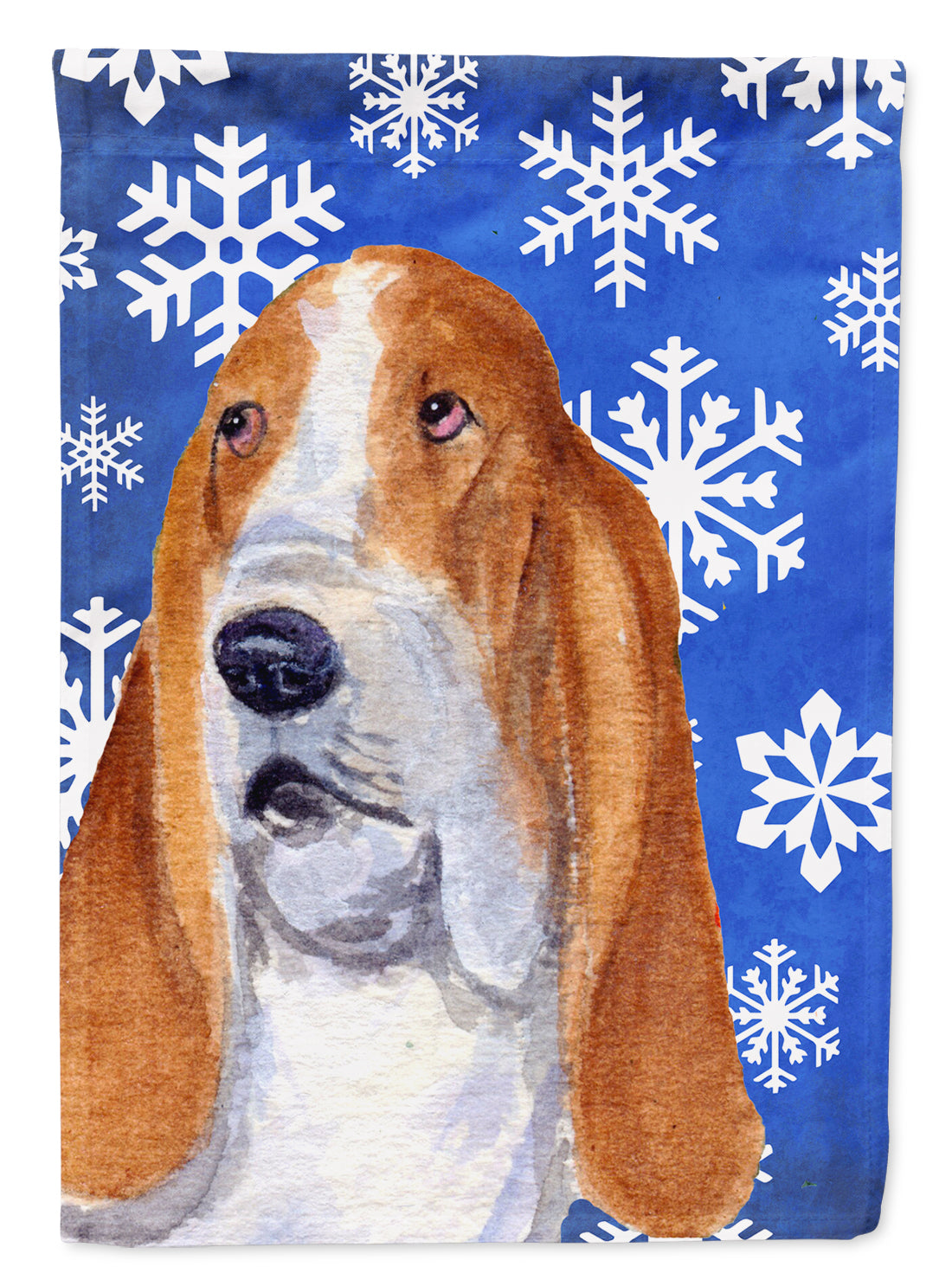 Basset Hound Winter Snowflakes Holiday Flag Canvas House Size  the-store.com.