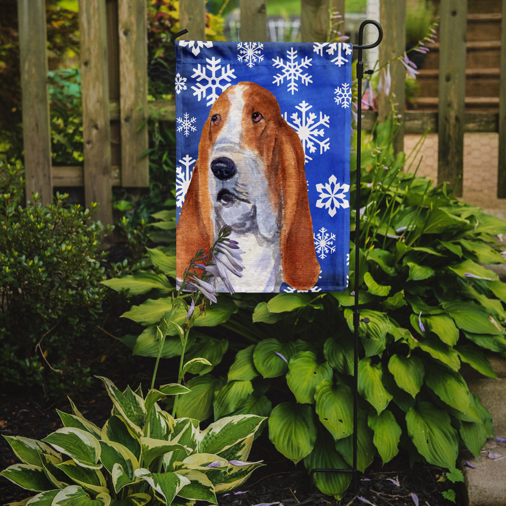 Basset Hound Winter Snowflakes Holiday Flag Garden Size.