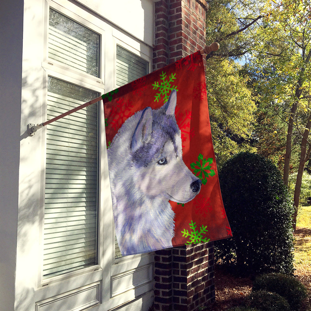 Siberian Husky Red Green Snowflakes Holiday Christmas Flag Canvas House Size  the-store.com.