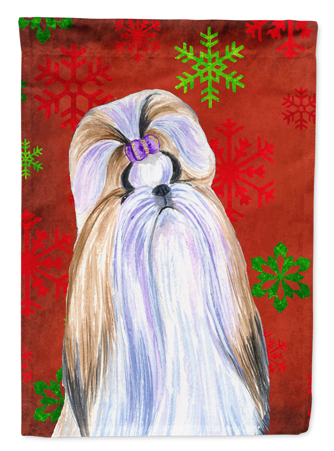 Shih Tzu Red and Green Snowflakes Holiday Christmas Flag Garden Size.