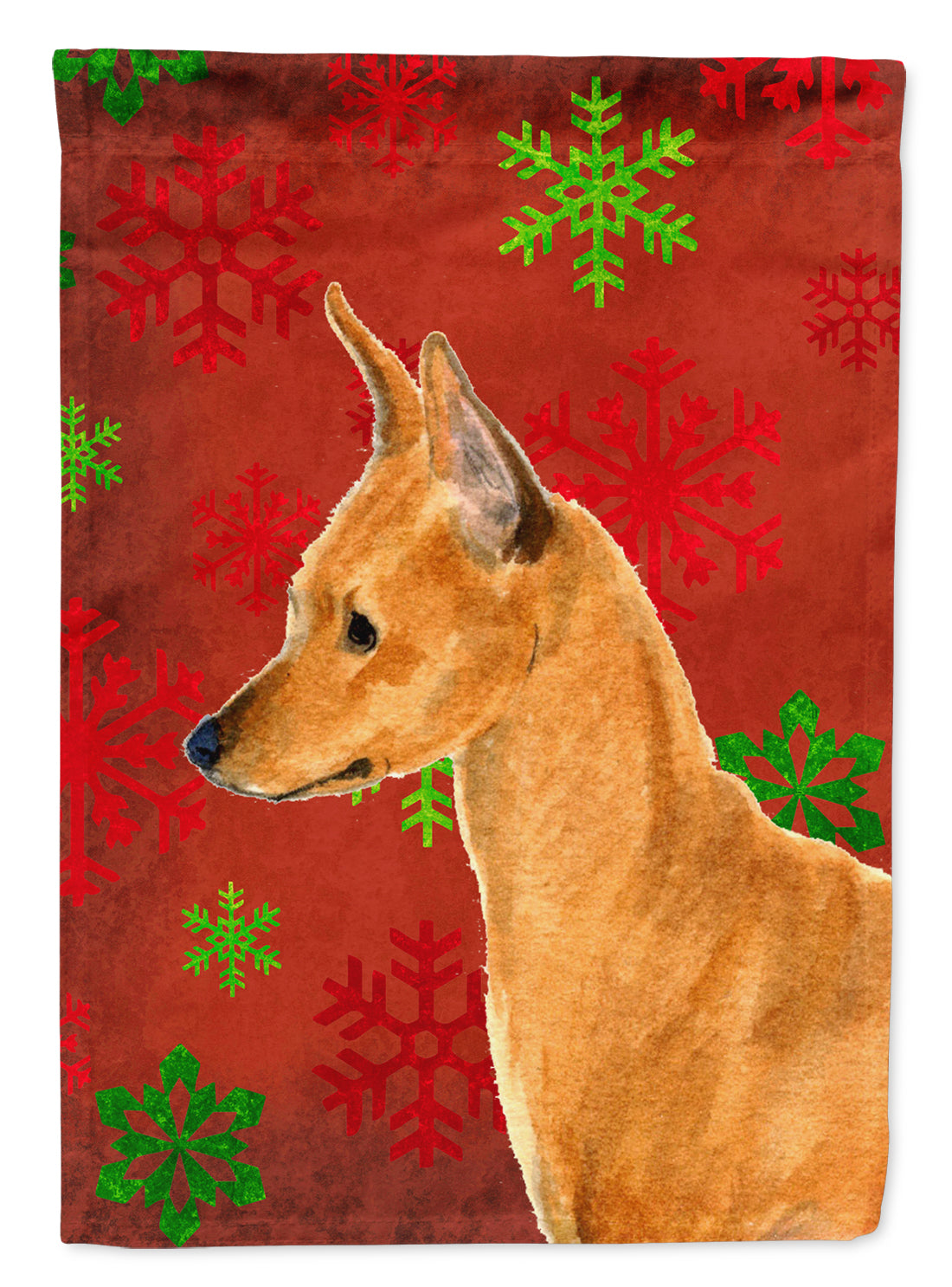 Min Pin Red and Green Snowflakes Holiday Christmas Flag Canvas House Size  the-store.com.