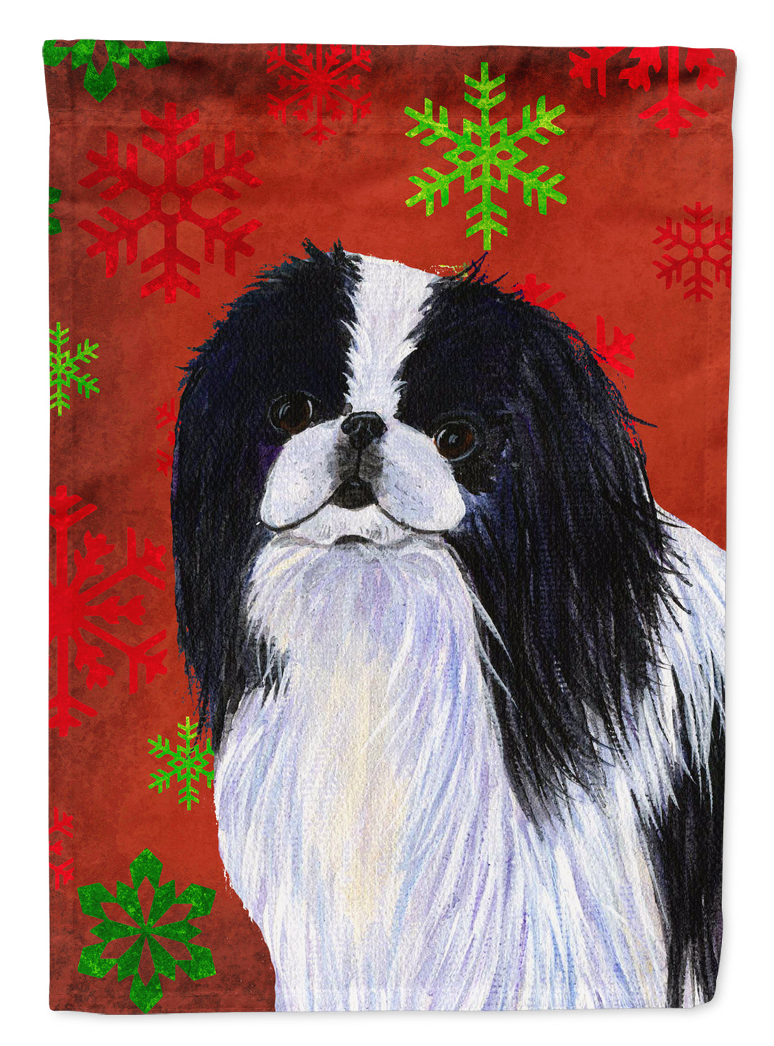 Japanese Chin Red and Green Snowflakes Holiday Christmas Flag Canvas House Size  the-store.com.