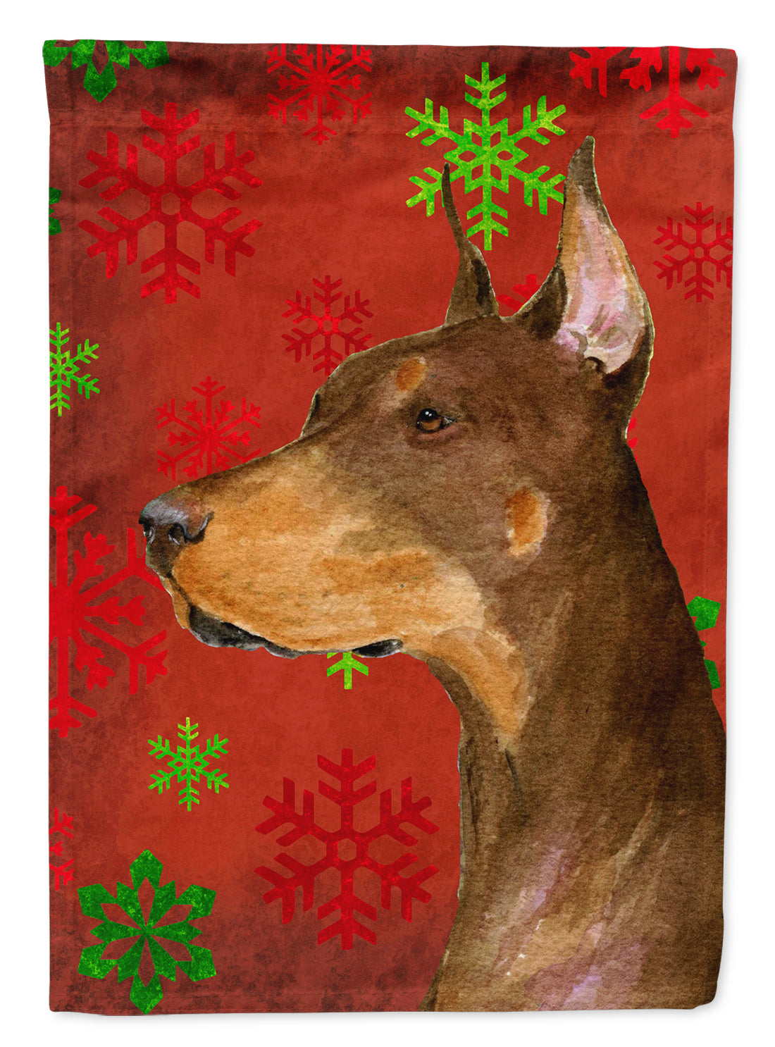 Doberman Red and Green Snowflakes Holiday Christmas Flag Canvas House Size  the-store.com.