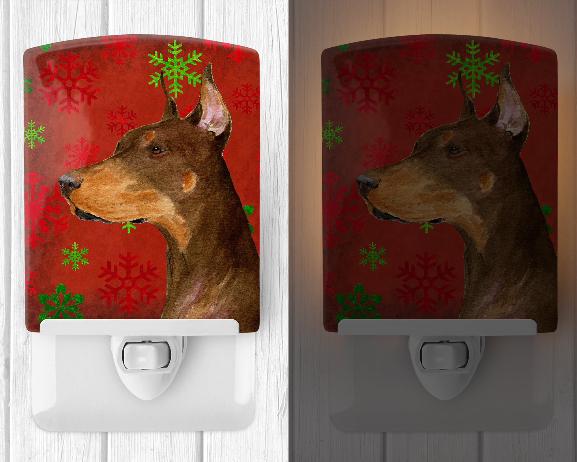 Doberman Red and Green Snowflakes Holiday Christmas Ceramic Night Light SS4675CNL - the-store.com