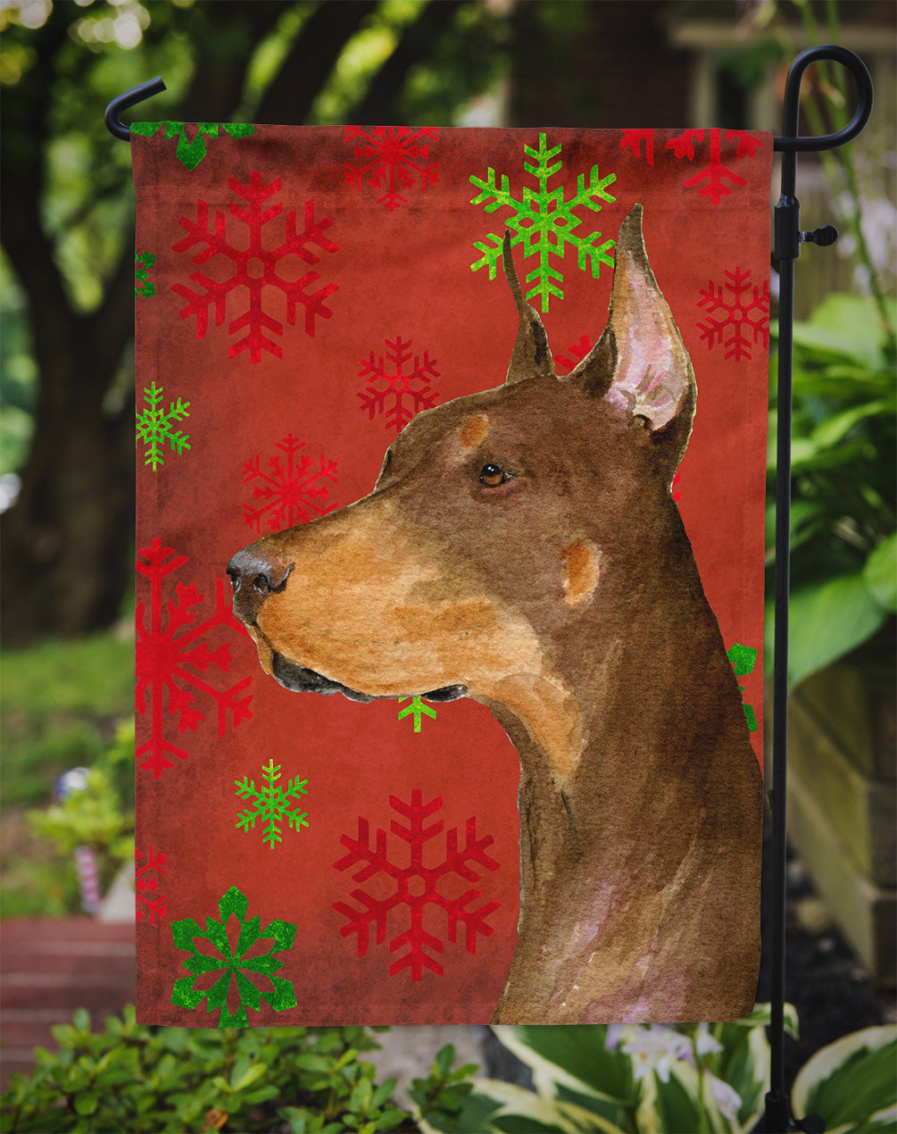 Doberman Red and Green Snowflakes Holiday Christmas Flag Garden Size.