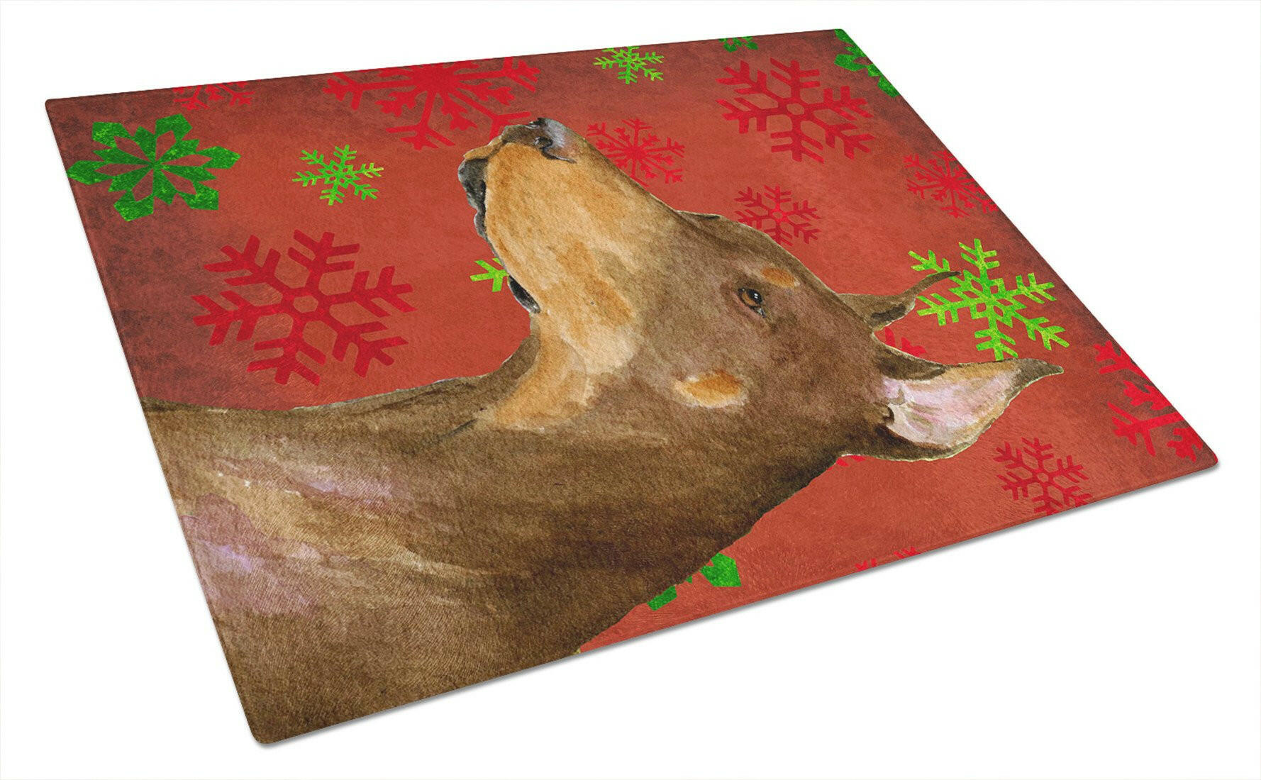 Doberman Red and Green Snowflakes Holiday Christmas Glass Cutting Board Large by Caroline's Treasures