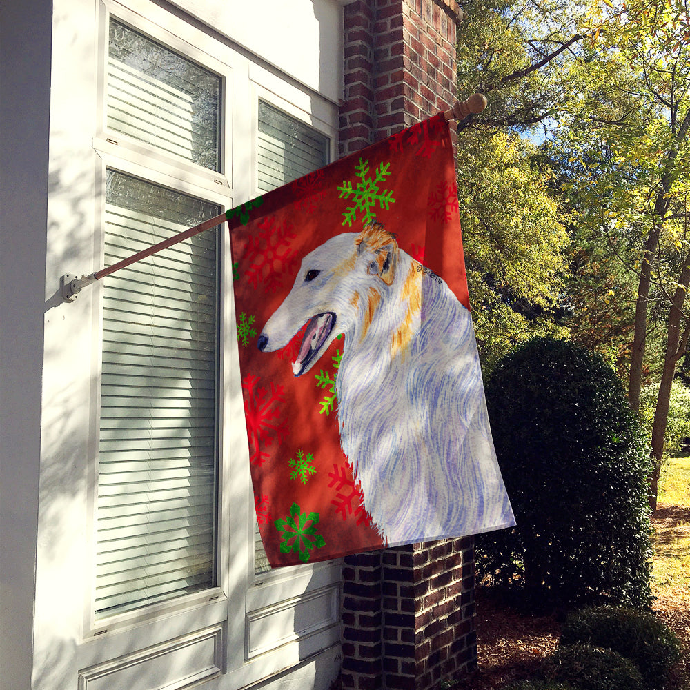 Borzoi Red and Green Snowflakes Holiday Christmas Flag Canvas House Size  the-store.com.