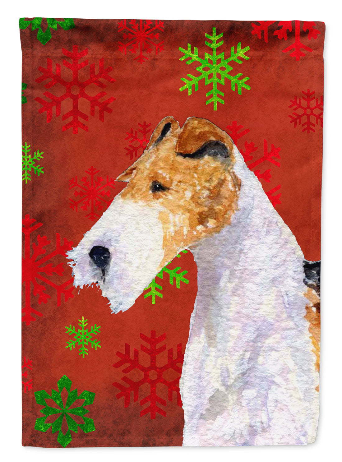 Fox Terrier Red and Green Snowflakes Holiday Christmas Flag Canvas House Size  the-store.com.