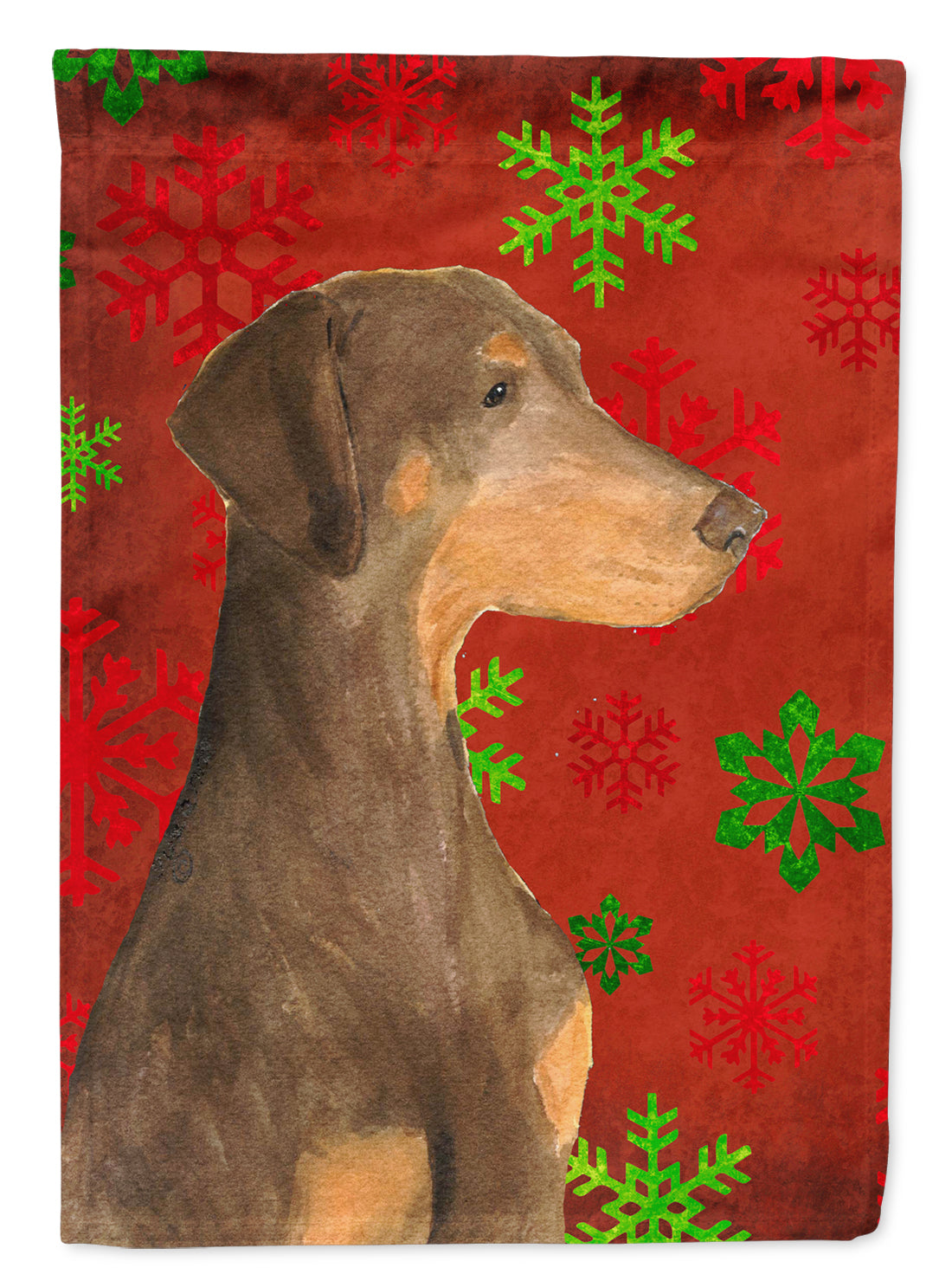 Doberman Red and Green Snowflakes Holiday Christmas Flag Canvas House Size  the-store.com.