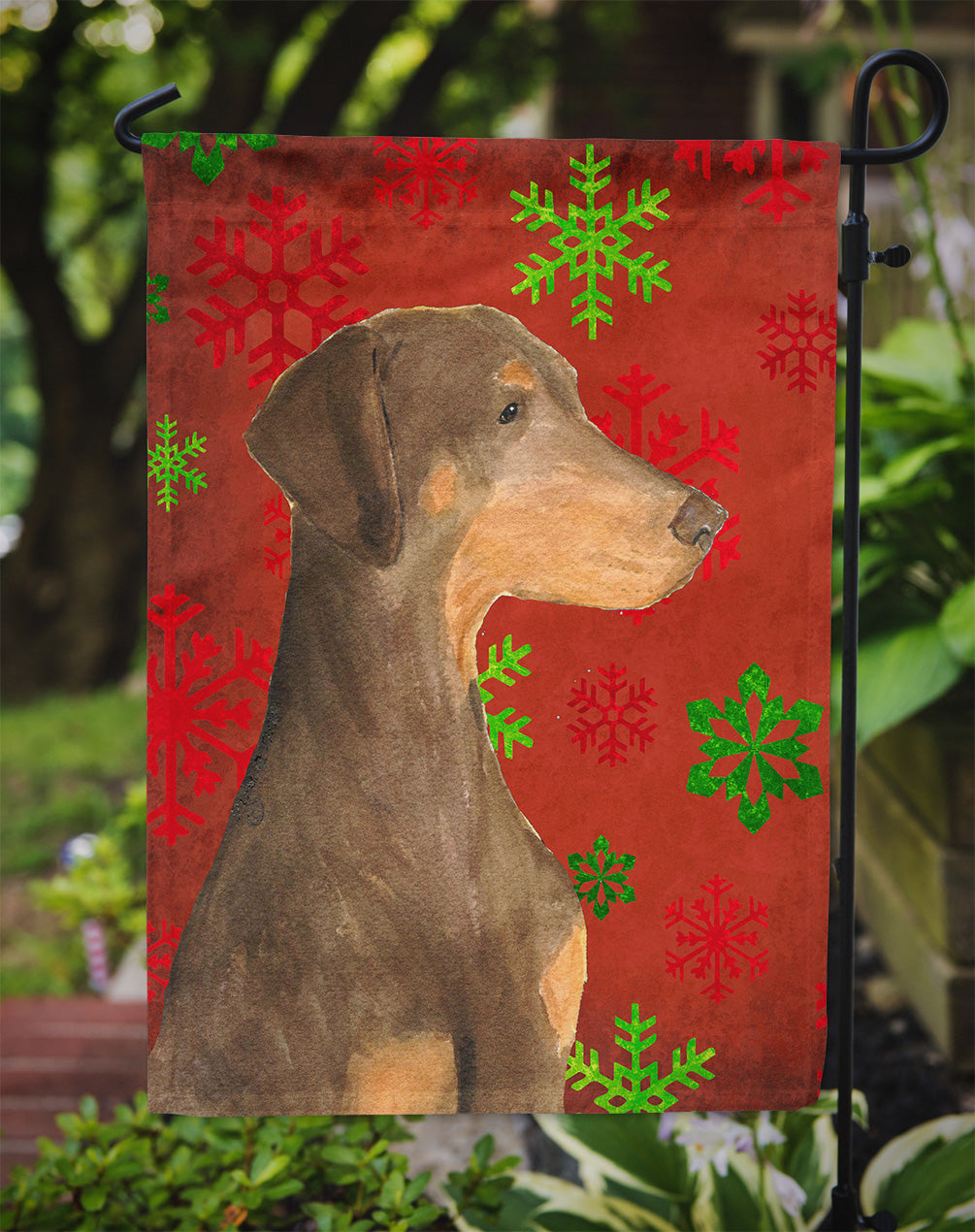 Doberman Red and Green Snowflakes Holiday Christmas Flag Garden Size.