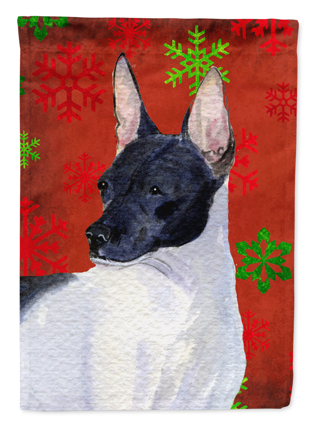 Rat Terrier Red and Green Snowflakes Holiday Christmas Flag Garden Size.