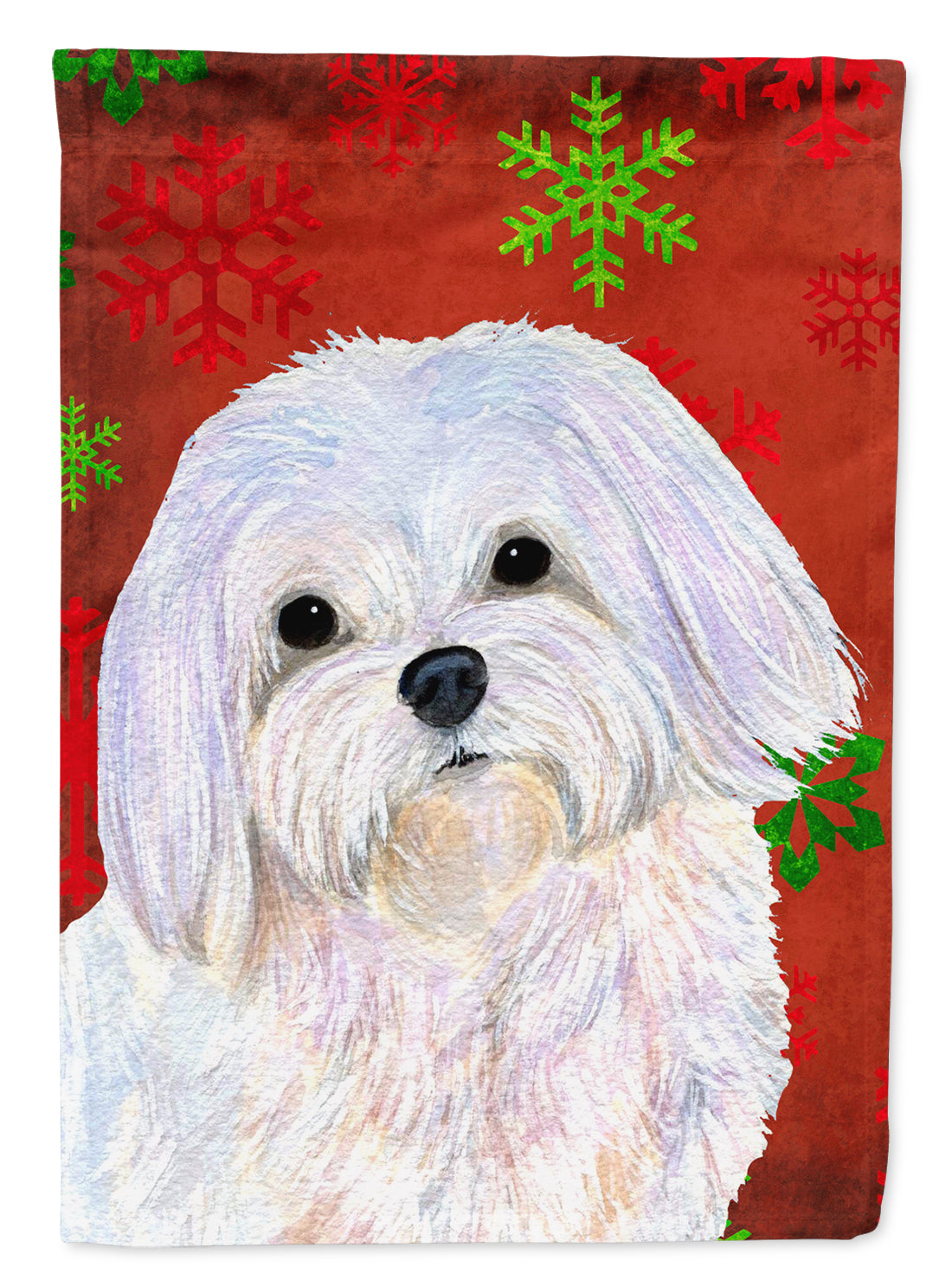 Maltese Red and Green Snowflakes Holiday Christmas Flag Canvas House Size  the-store.com.