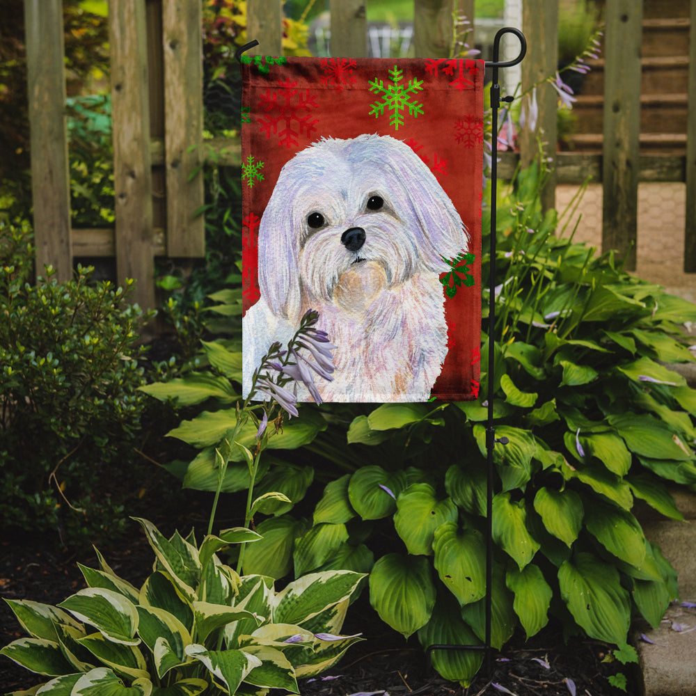 Maltese Red and Green Snowflakes Holiday Christmas Flag Garden Size.