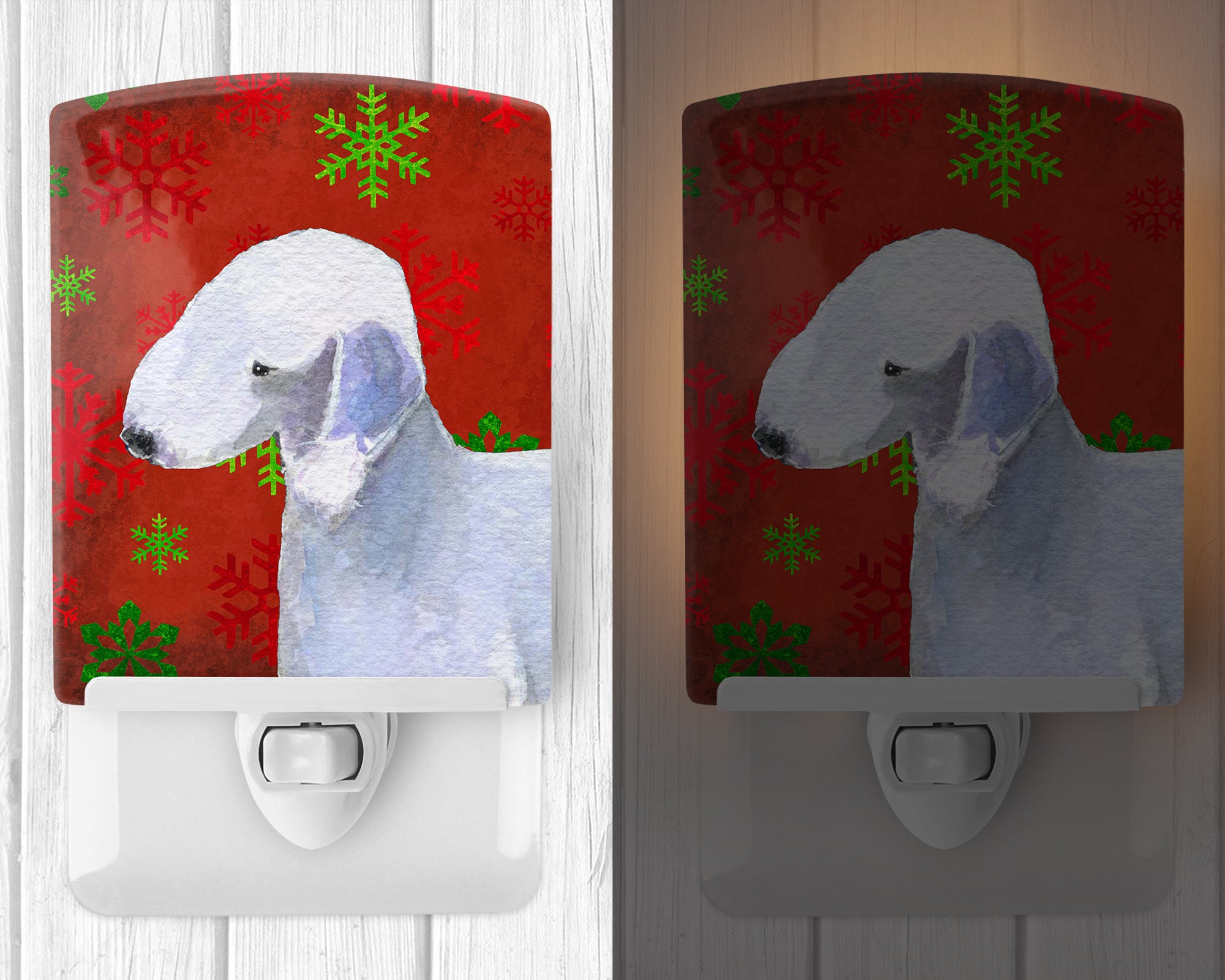 Bedlington Terrier Red and Green Snowflakes Holiday Christmas Ceramic Night Light SS4690CNL - the-store.com