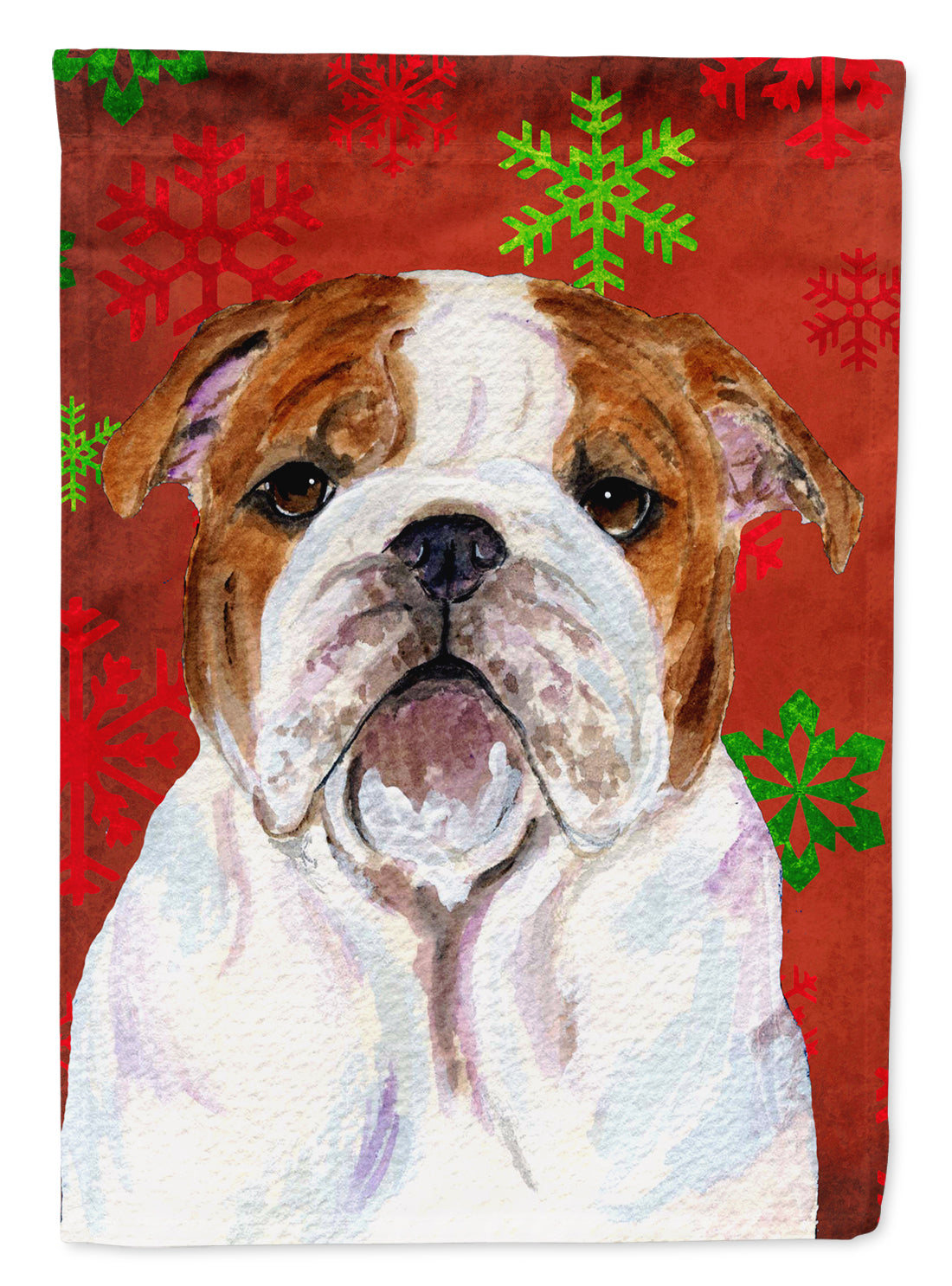 Bulldog English Red Green Snowflakes Holiday Christmas Flag Canvas House Size  the-store.com.