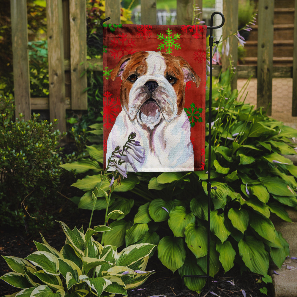 Bulldog English Red and Green Snowflakes Holiday Christmas Flag Garden Size.