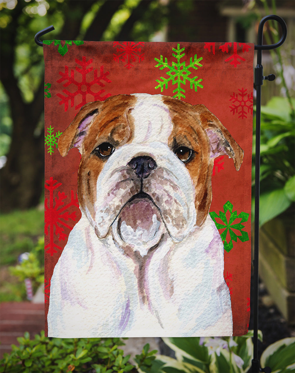 Bulldog English Red and Green Snowflakes Holiday Christmas Flag Garden Size.