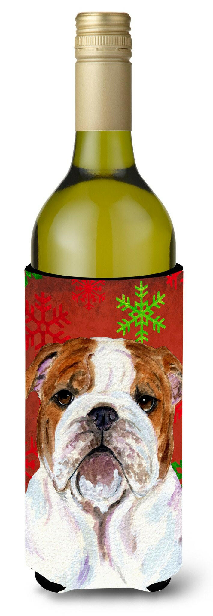 Bulldog English Snowflakes Holiday Christmas Wine Bottle Beverage Insulator Beverage Insulator Hugger by Caroline&#39;s Treasures