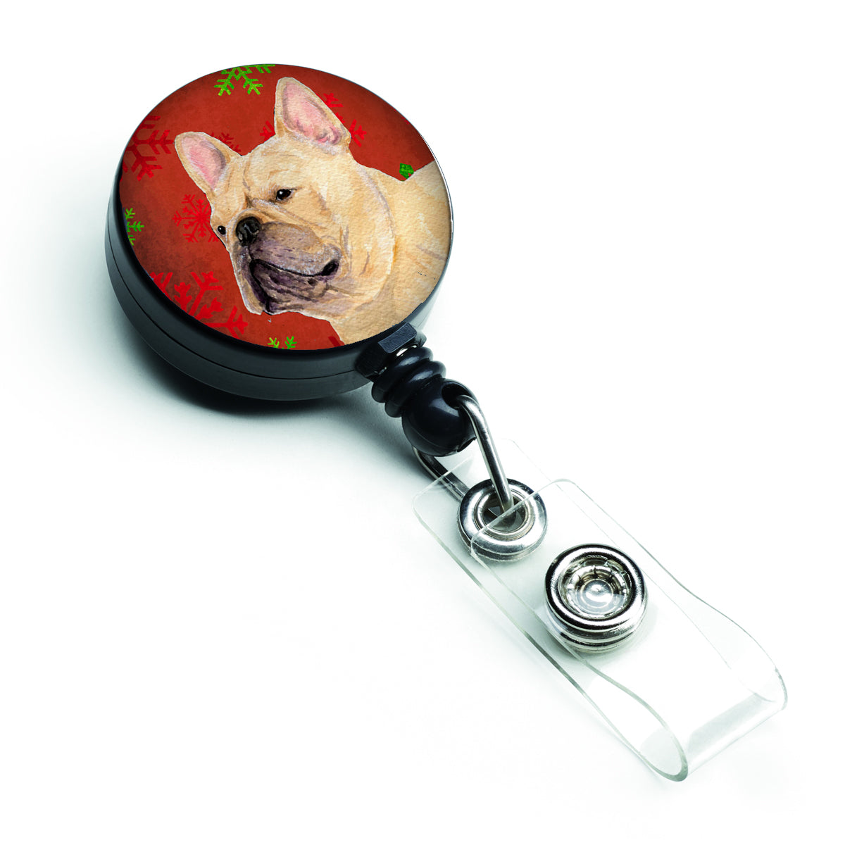 French Bulldog Red and Green Snowflakes Holiday Christmas Retractable Badge Reel SS4692BR  the-store.com.