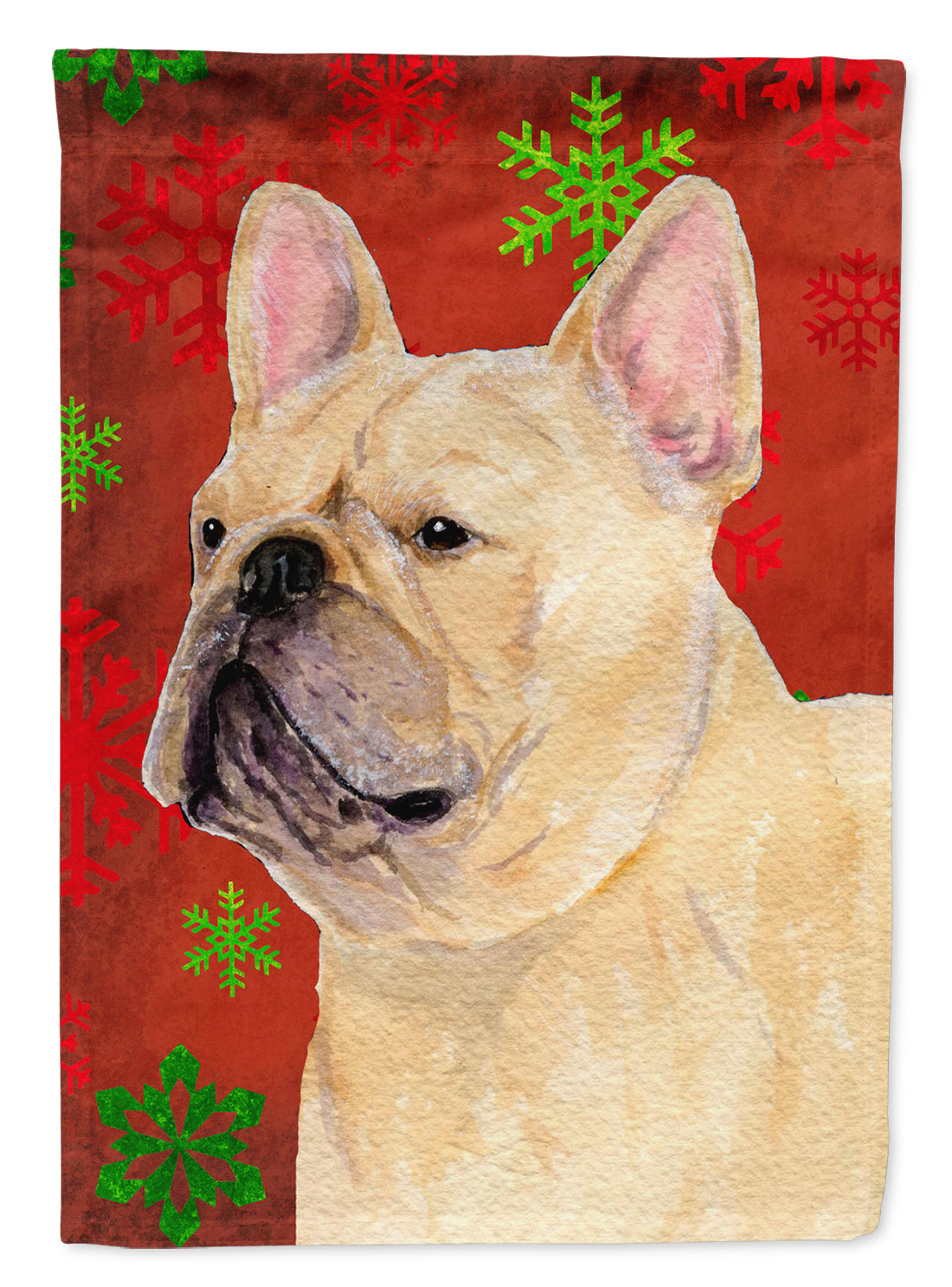 French Bulldog Red and Green Snowflakes Holiday Christmas Flag Garden Size.