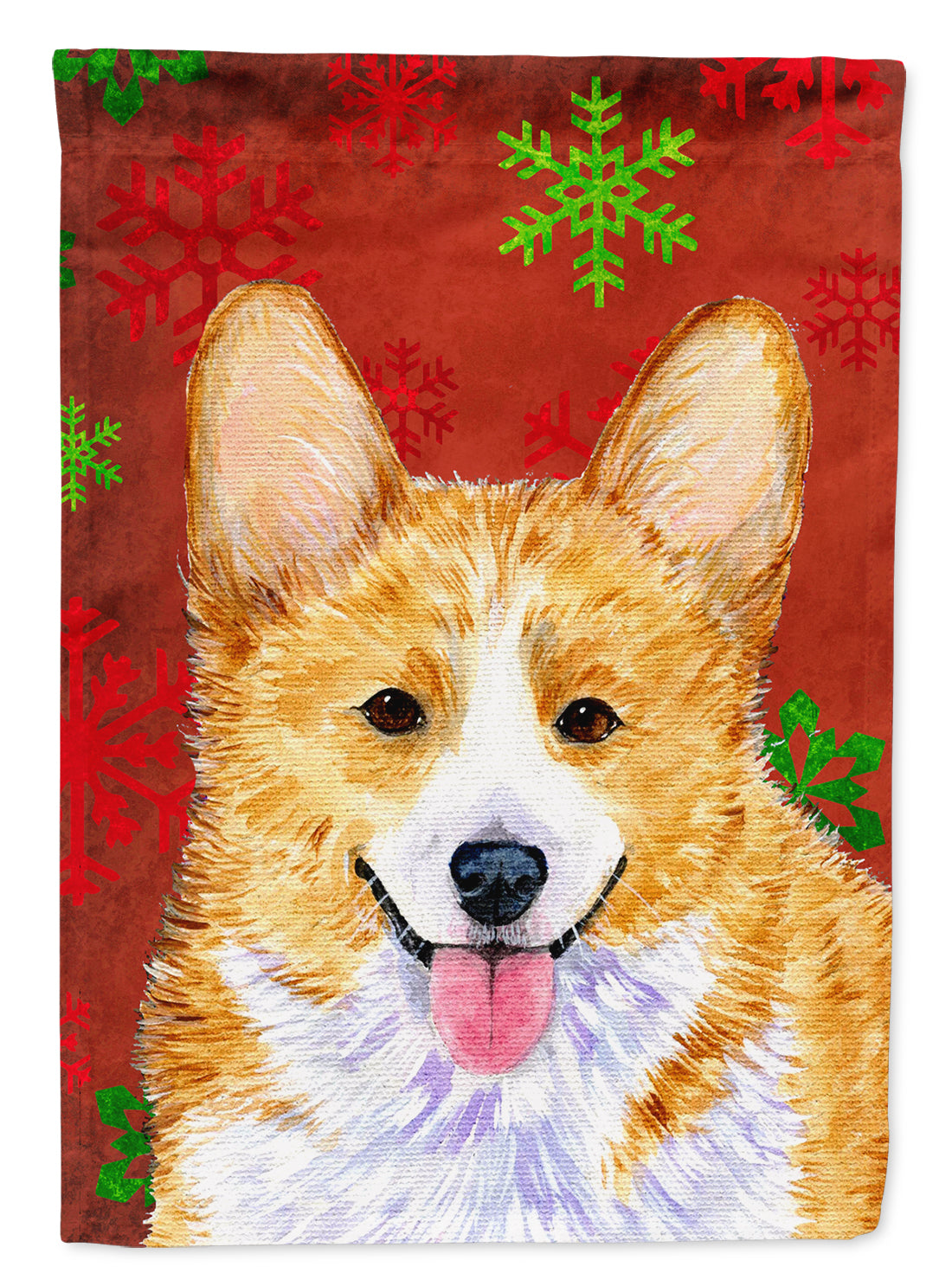 Corgi Red and Green Snowflakes Holiday Christmas Flag Canvas House Size  the-store.com.