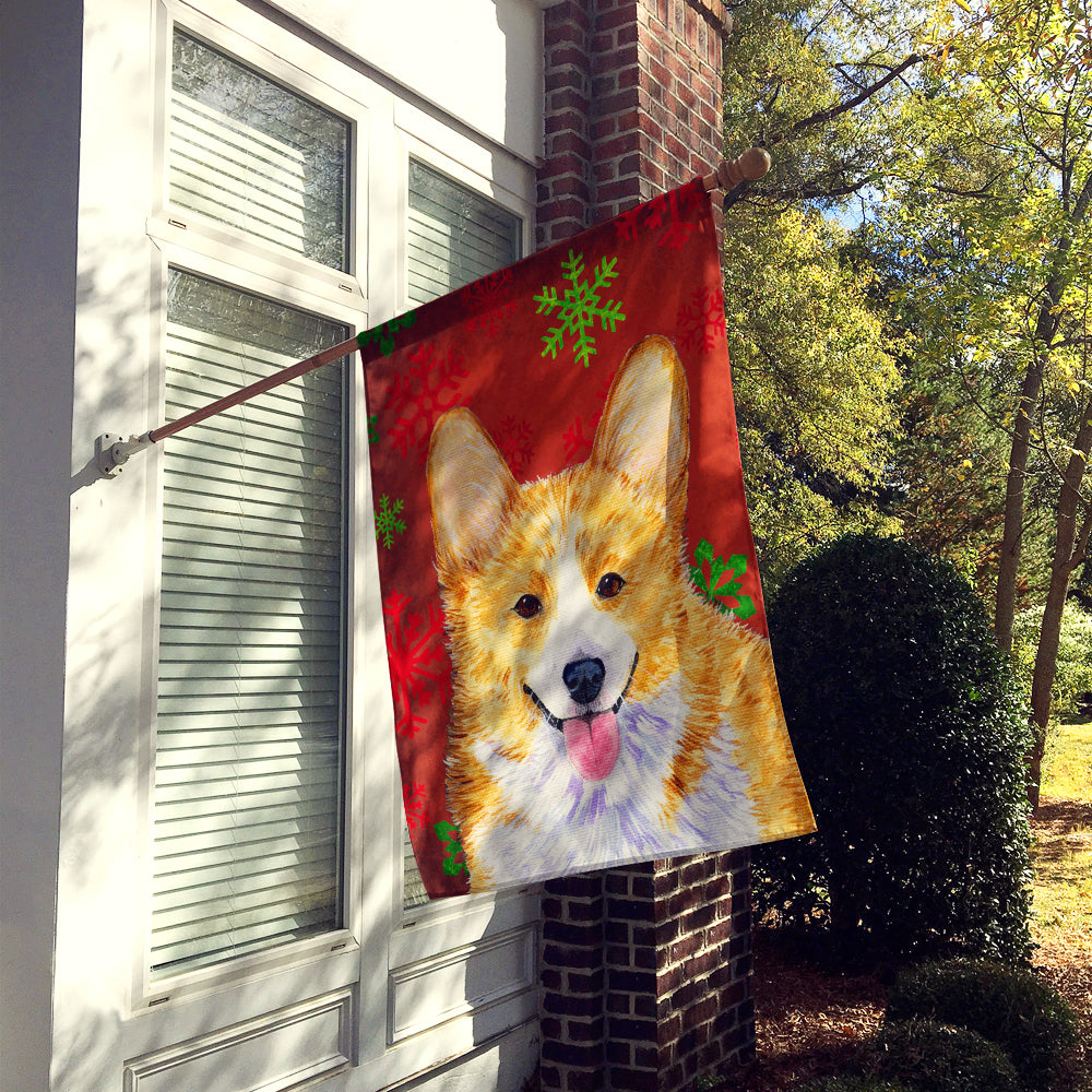 Corgi Red and Green Snowflakes Holiday Christmas Flag Canvas House Size  the-store.com.