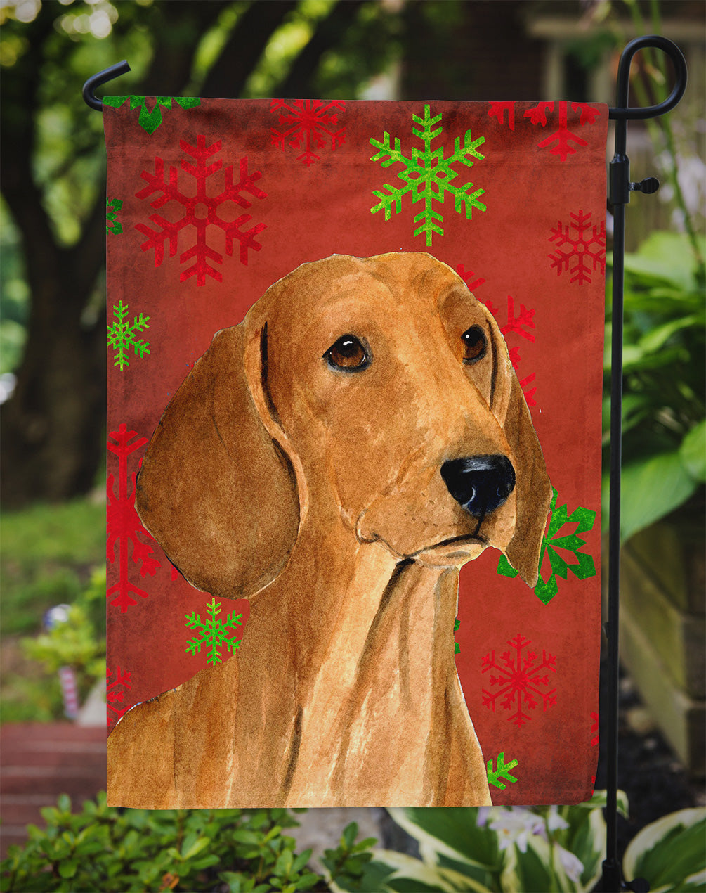 Dachshund Red and Green Snowflakes Holiday Christmas Flag Garden Size.