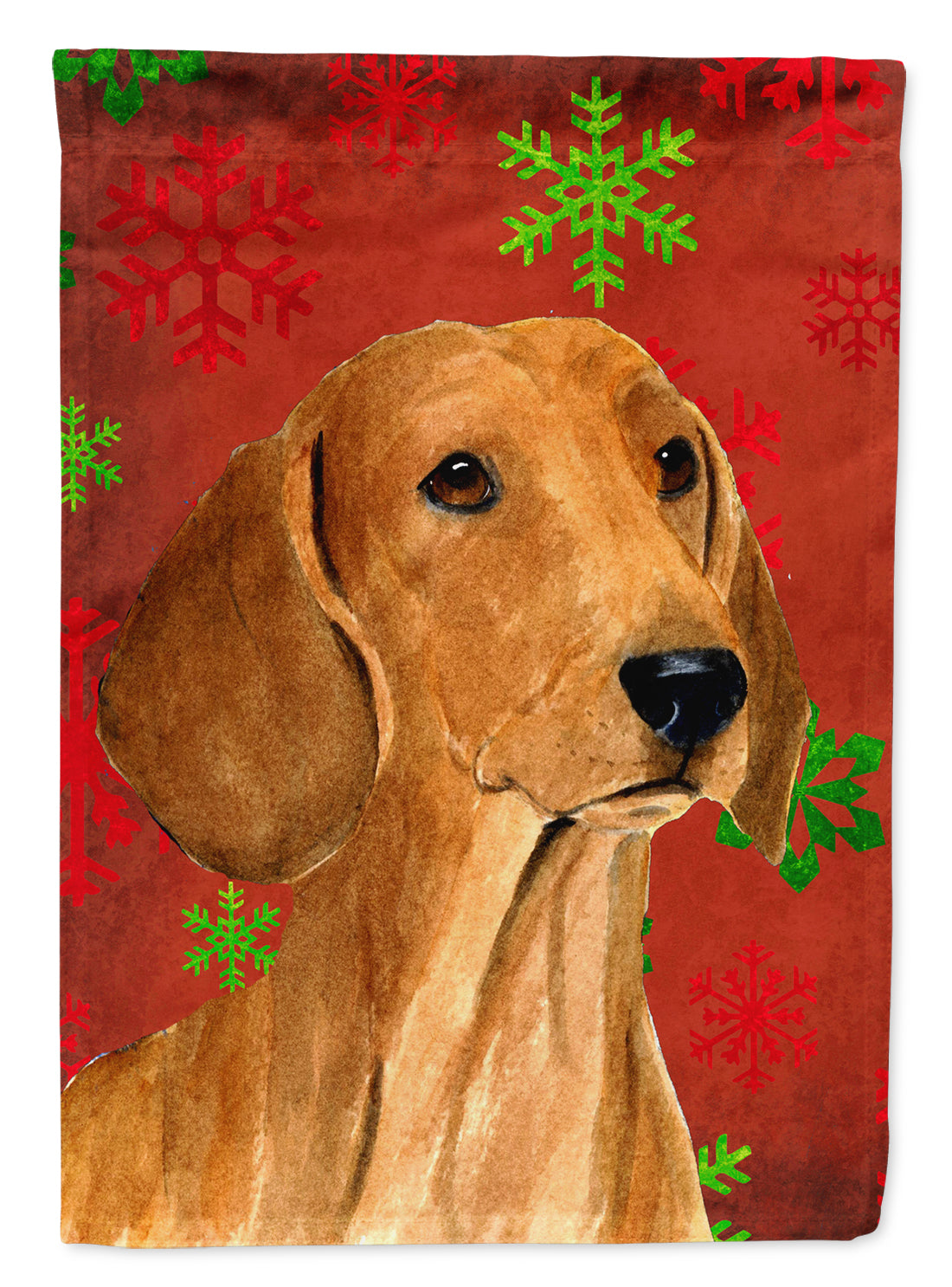 Dachshund Red and Green Snowflakes Holiday Christmas Flag Garden Size.