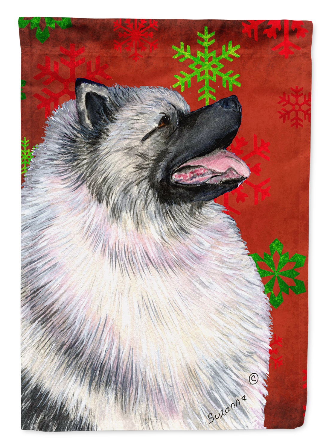 Keeshond Red and Green Snowflakes Holiday Christmas Flag Canvas House Size  the-store.com.