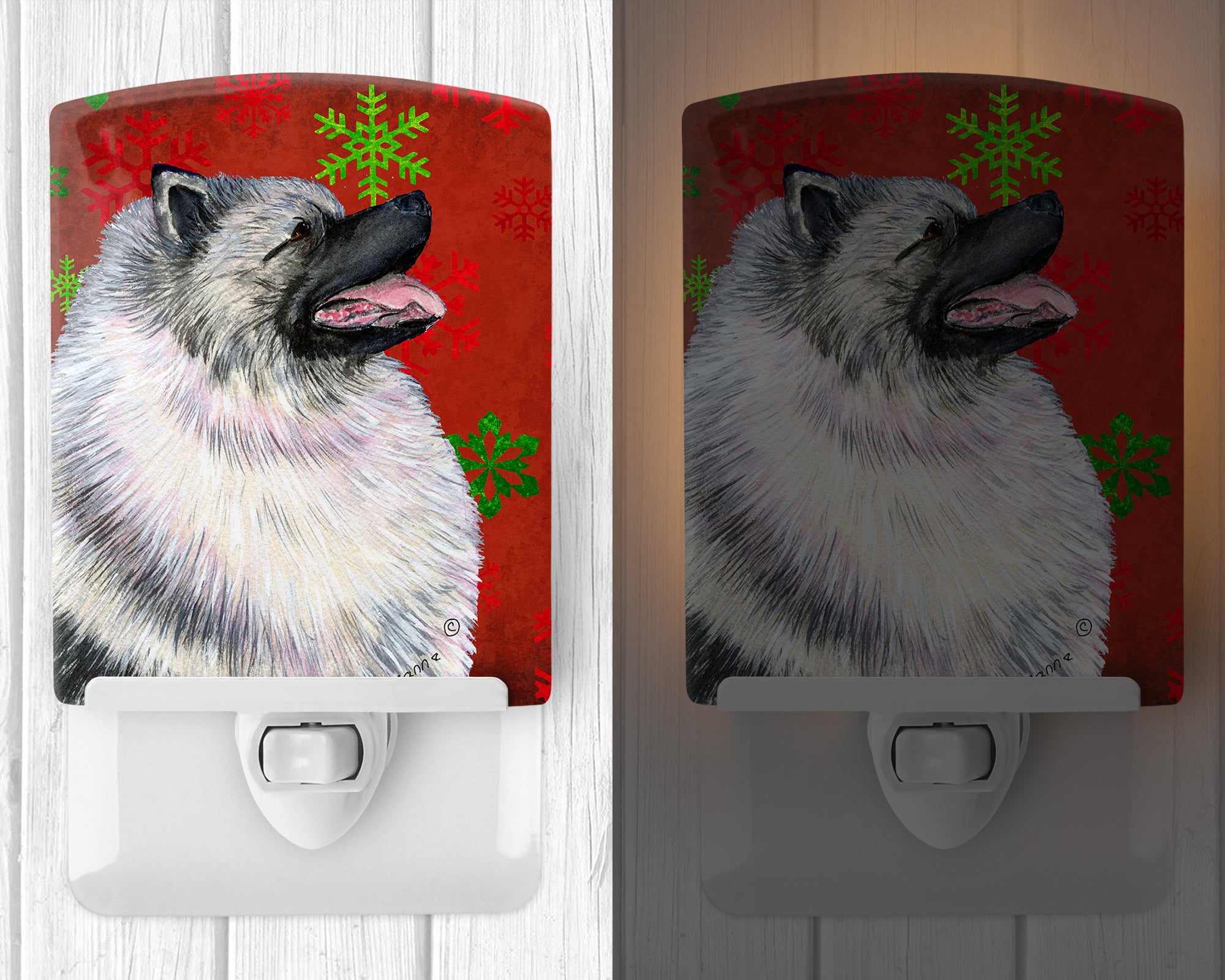 Keeshond Red and Green Snowflakes Holiday Christmas Ceramic Night Light SS4695CNL - the-store.com