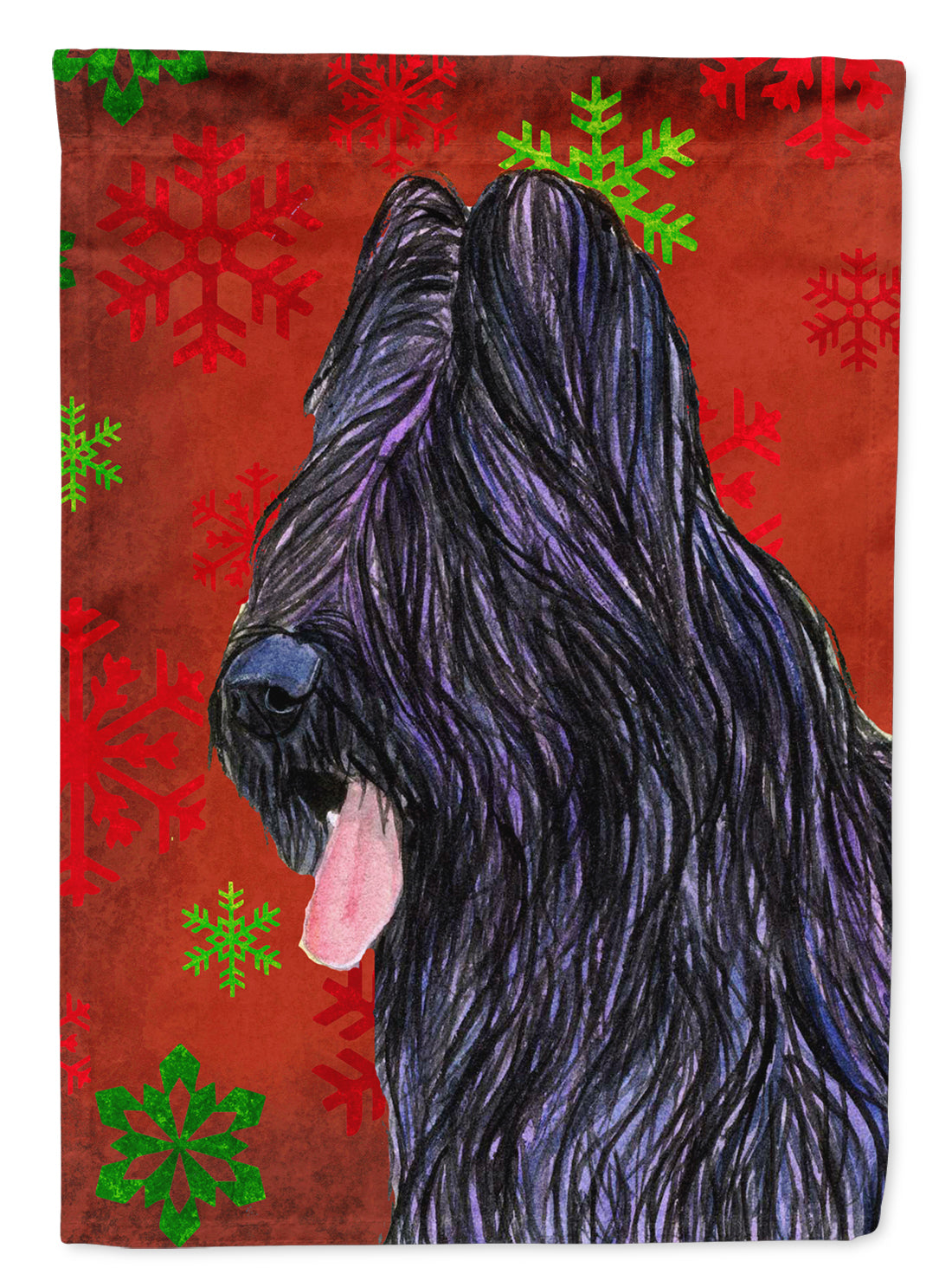 Briard Red and Green Snowflakes Holiday Christmas Flag Canvas House Size  the-store.com.